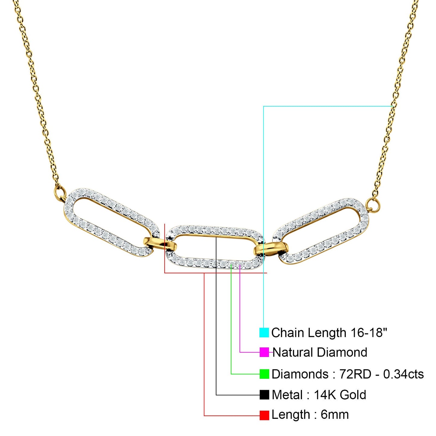 14K Yellow Gold 0.34ct Diamond Paper Clip Necklace 18 Inch Long