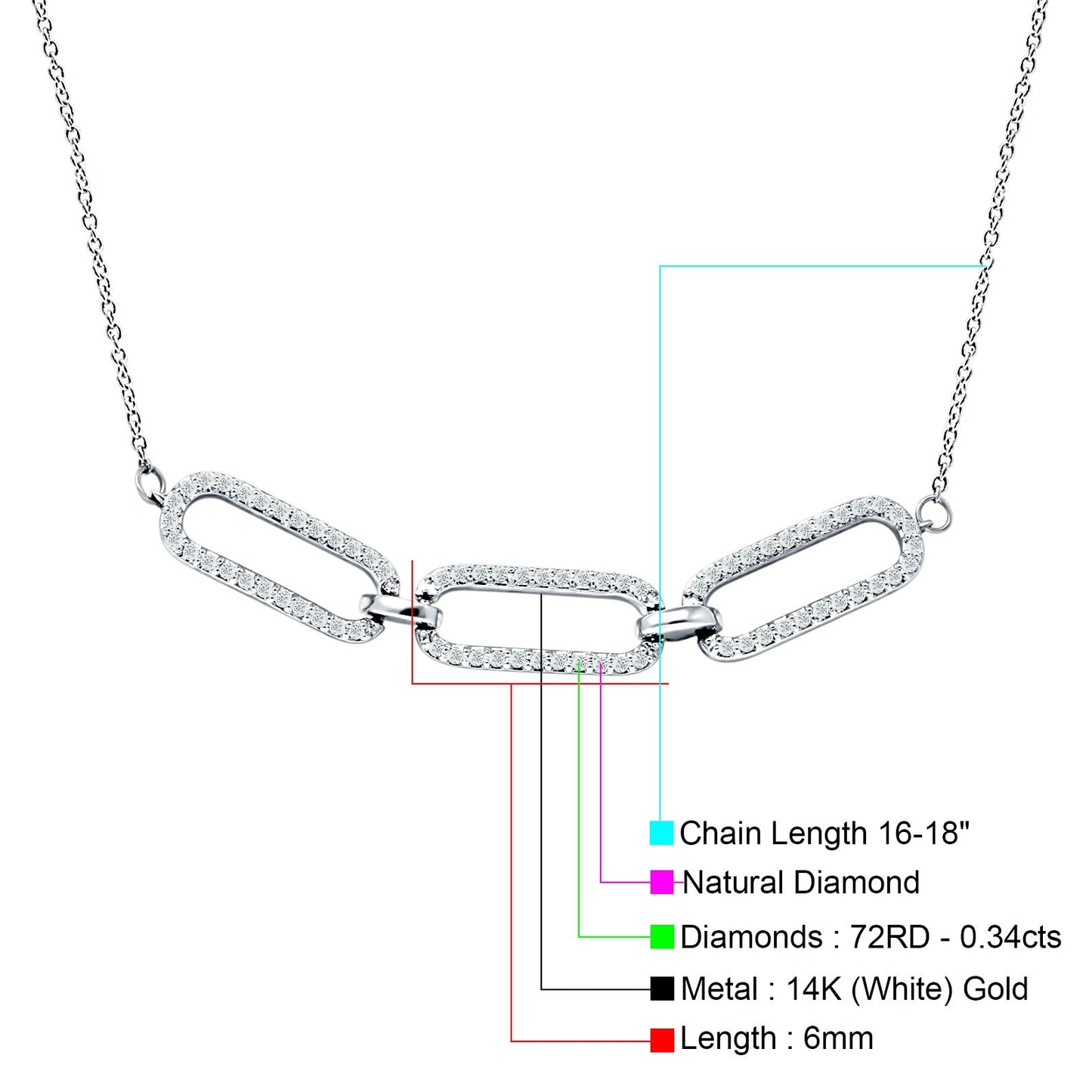 14K White Gold 0.34ct Three Paperclip Link Chain Necklace Natural Diamond Pendant 18" Long