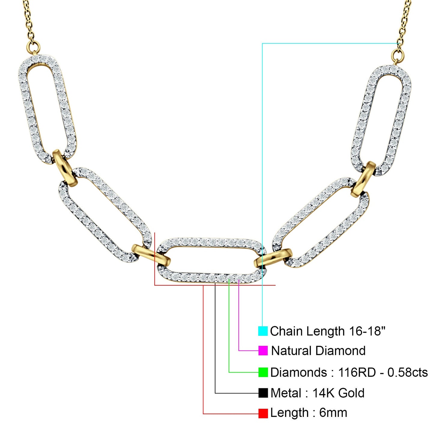 14K Yellow Gold 0.58ct Five Paperclip Link Chain Pendant Natural Diamond Necklace 18" Long