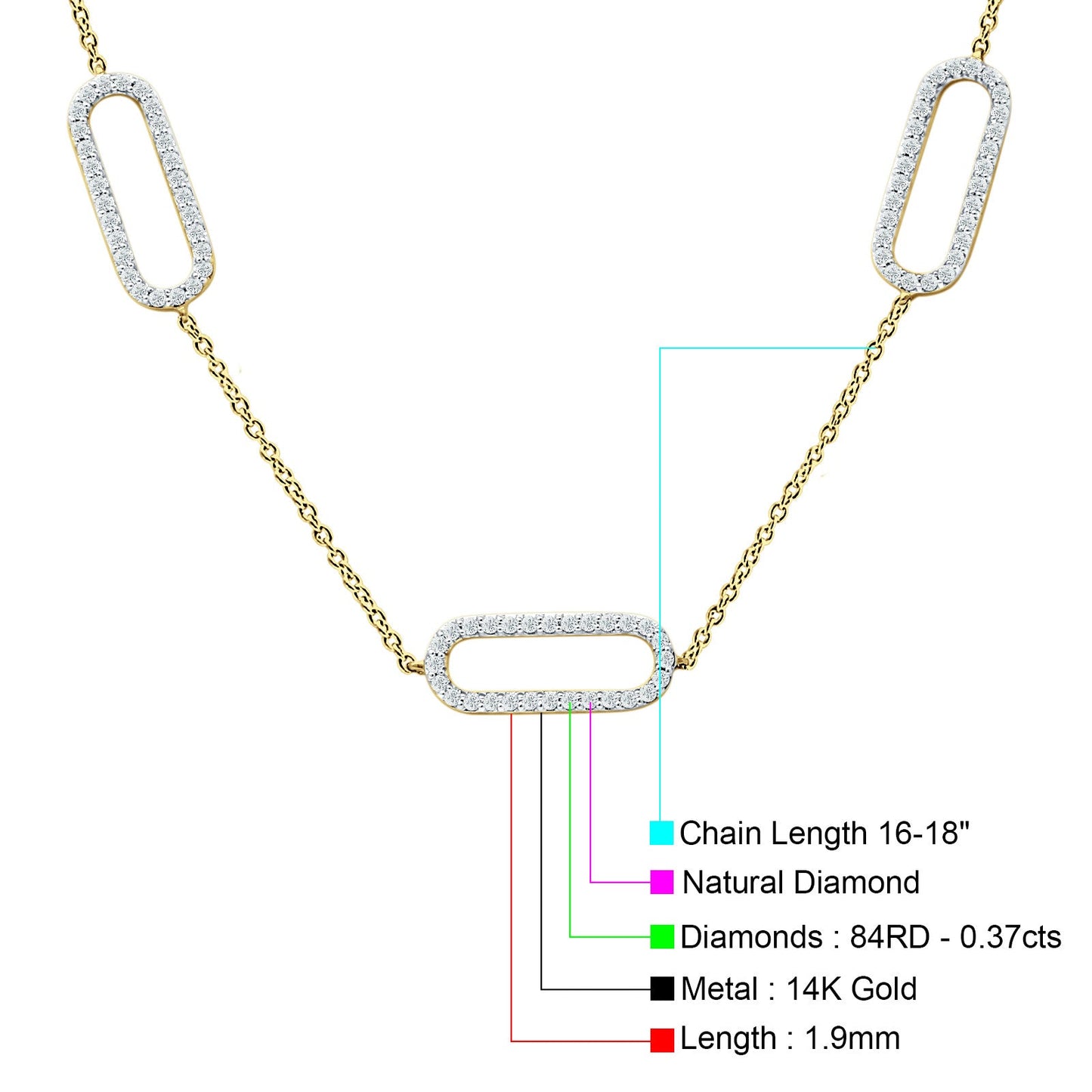 14K Yellow Gold 0.37ct Three Link Oval Paperclip Chain Necklace Natural Diamond Pendant 18" Long