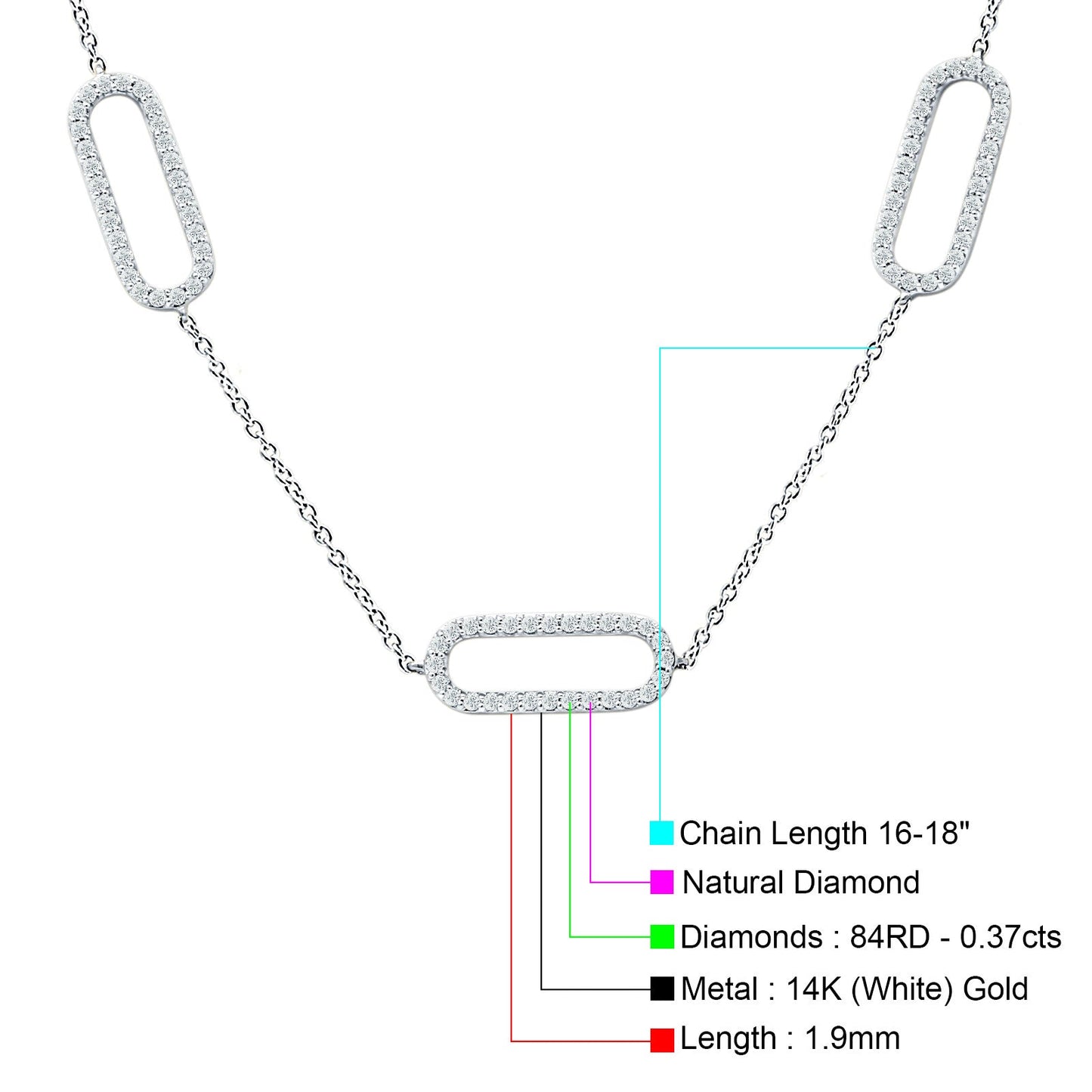 14K White Gold 0.37ct Three Link Oval Paperclip Chain Necklace Natural Diamond Pendant 18" Long