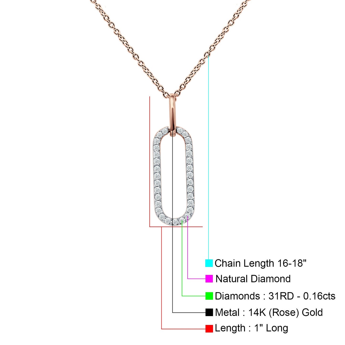 14K Rose Gold 0.16ct Oval Papercllip Drop Necklace Natural Diamond Pendant 18 Inch Long