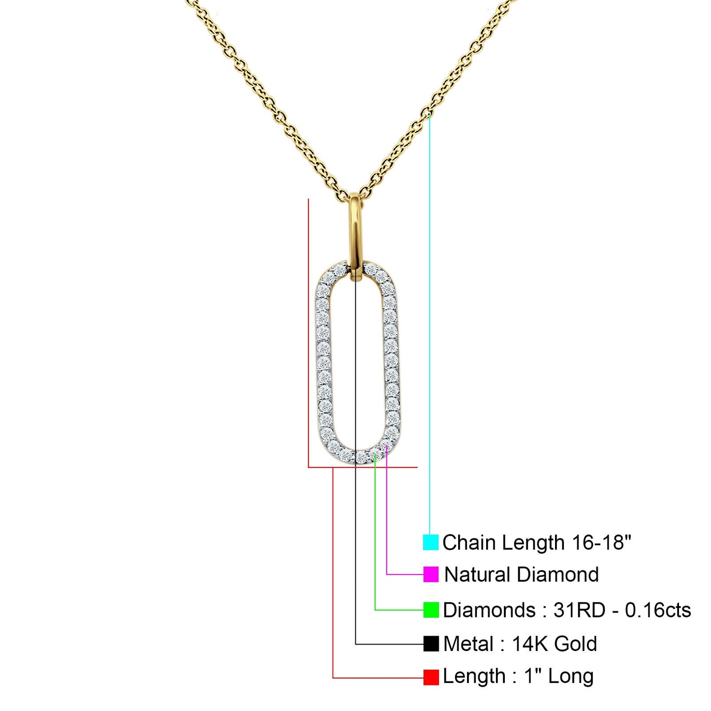 14K Yellow Gold 0.16ct Oval Papercllip Drop Necklace Natural Diamond Pendant 18" Long Wholesale