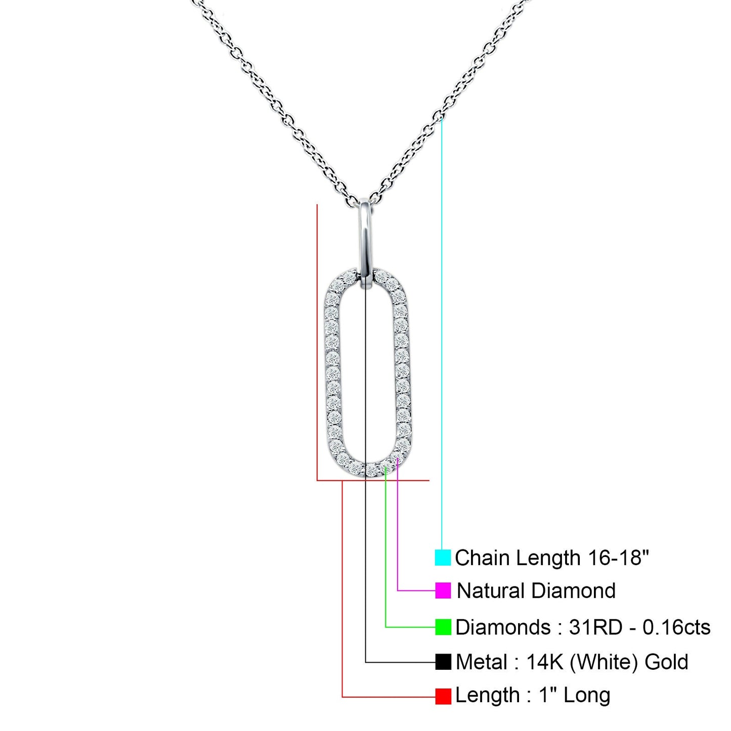 14K White Gold 0.16ct Oval Papercllip Drop Necklace Natural Diamond Pendant 18" Long Wholesale