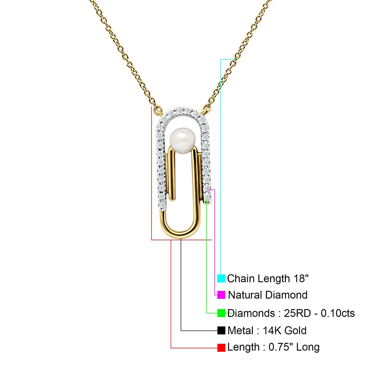 14K Yellow Gold 0.10ct Pearl Charm Paperclip Natural Diamond Pendant Necklace 18" Long