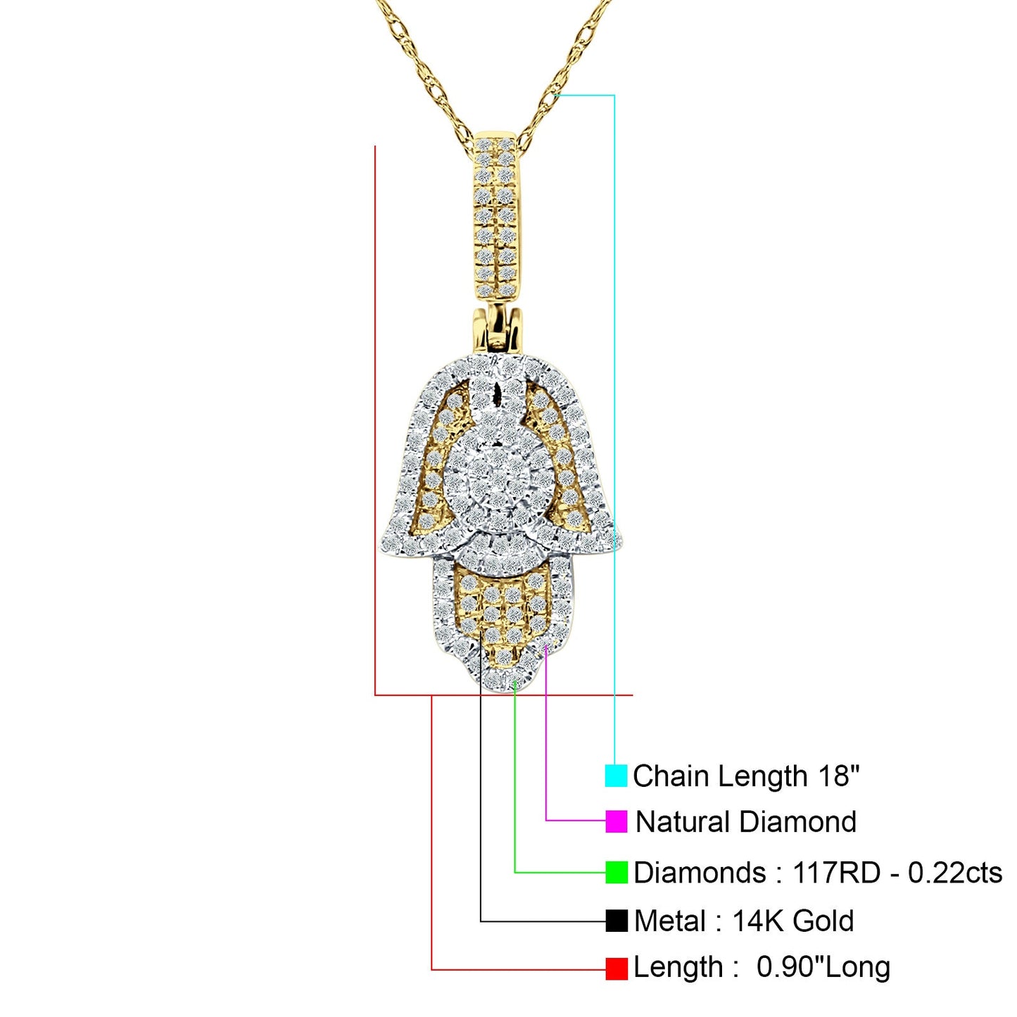 14K Yellow Gold 0.22ct Hamsa Hand Charm Pendant Natural Diamond Necklace 18 Inch