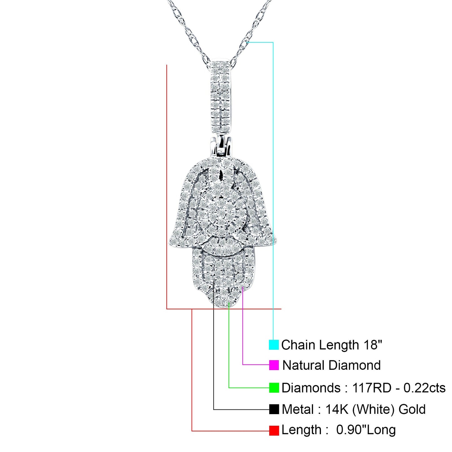 14K White Gold 0.22ct Hamsa Hand Charm Pendant Natural Diamond Necklace 18" Long Wholesale