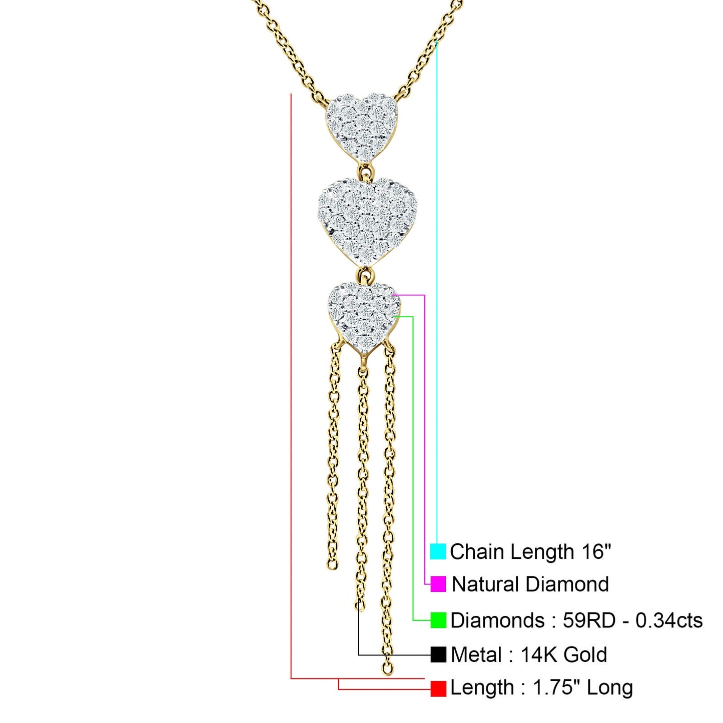 14K Yellow Gold 0.34ct  Three Heart Drop Necklace Round Diamond Pendant 16" Long Wholesale