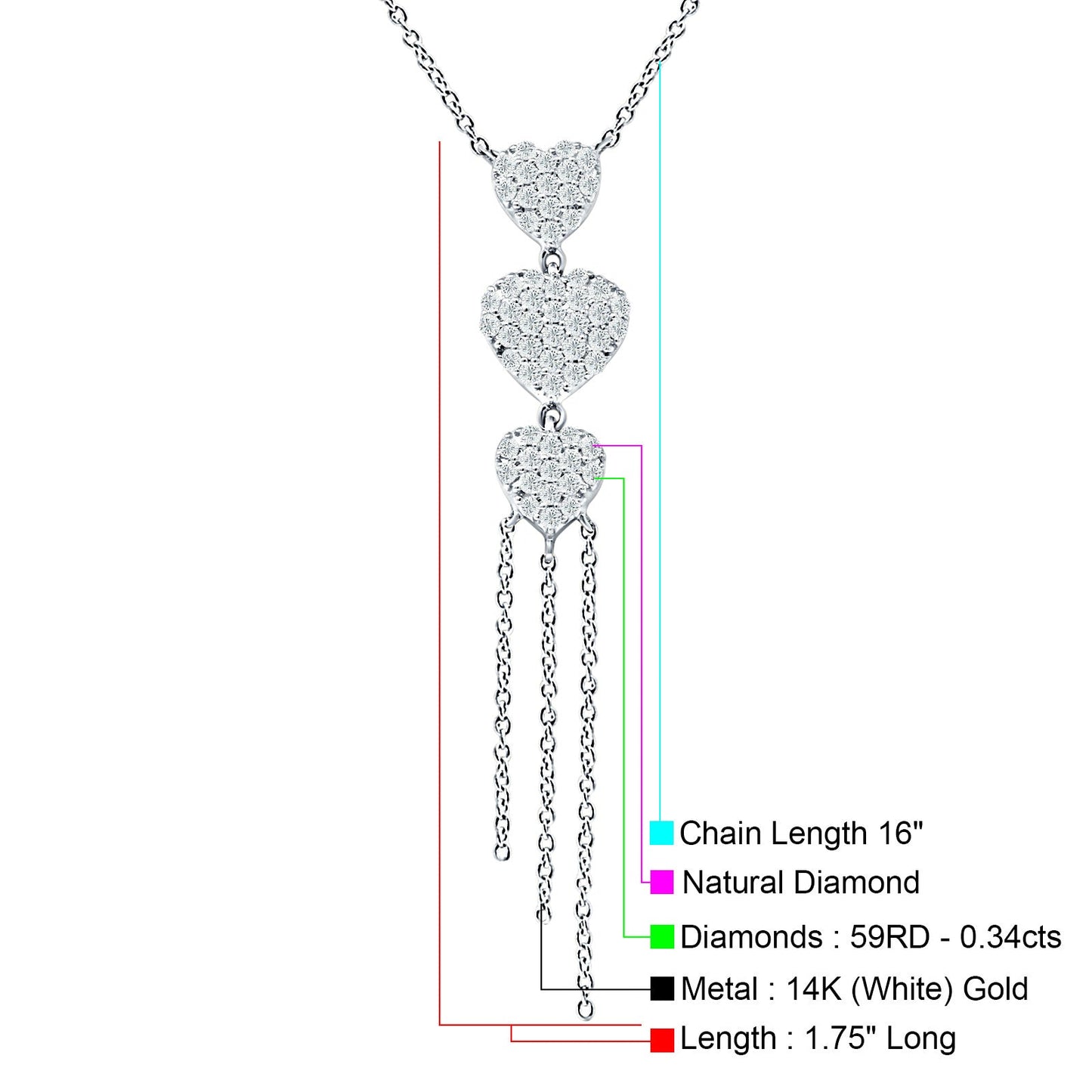 14K White Gold 0.34ct  Three Heart Drop Necklace Round Diamond Pendant 16" Long Wholesale