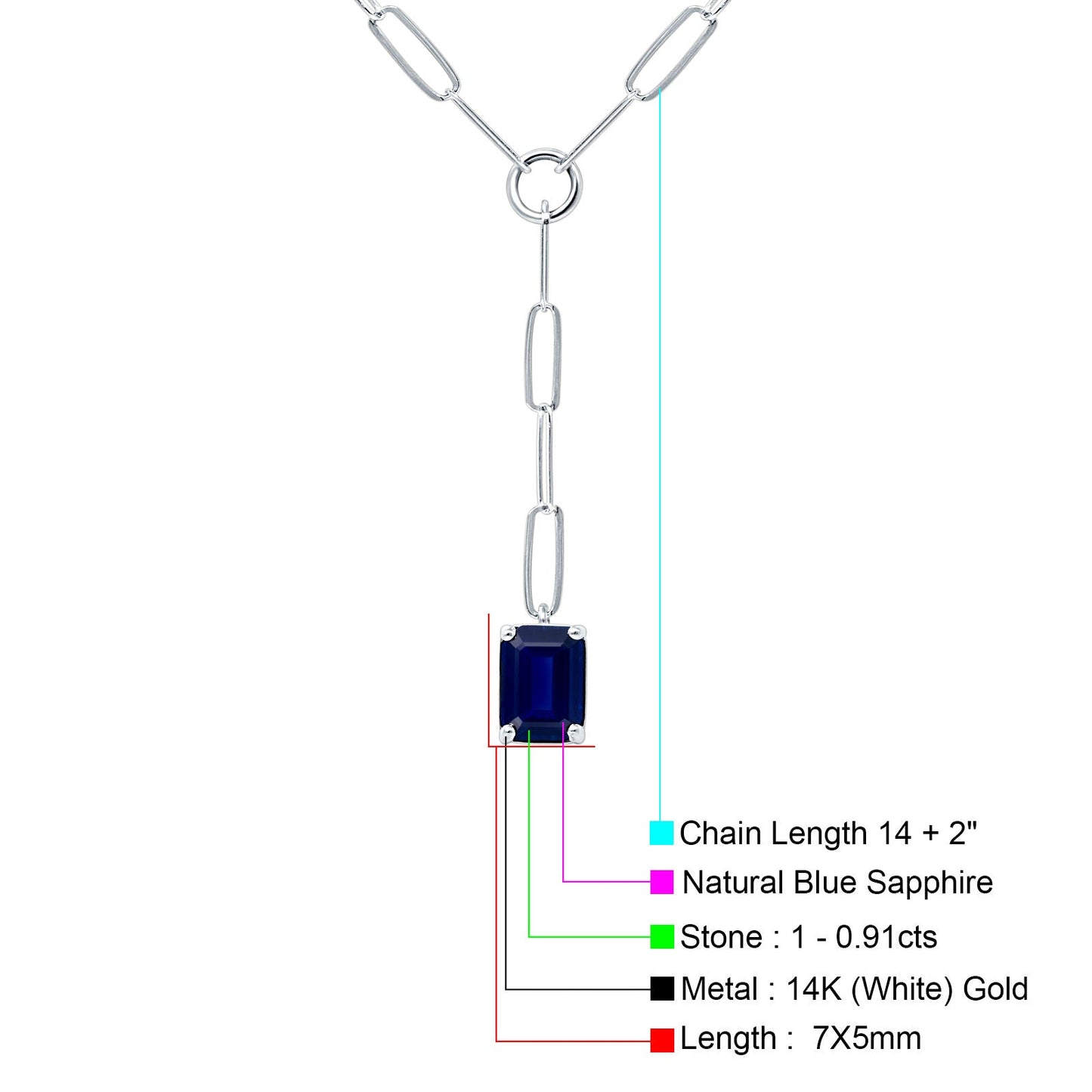 14K White Gold 0.91ct Emerald Cut Paperclip Chain Necklace Blue Sapphire 16" Long