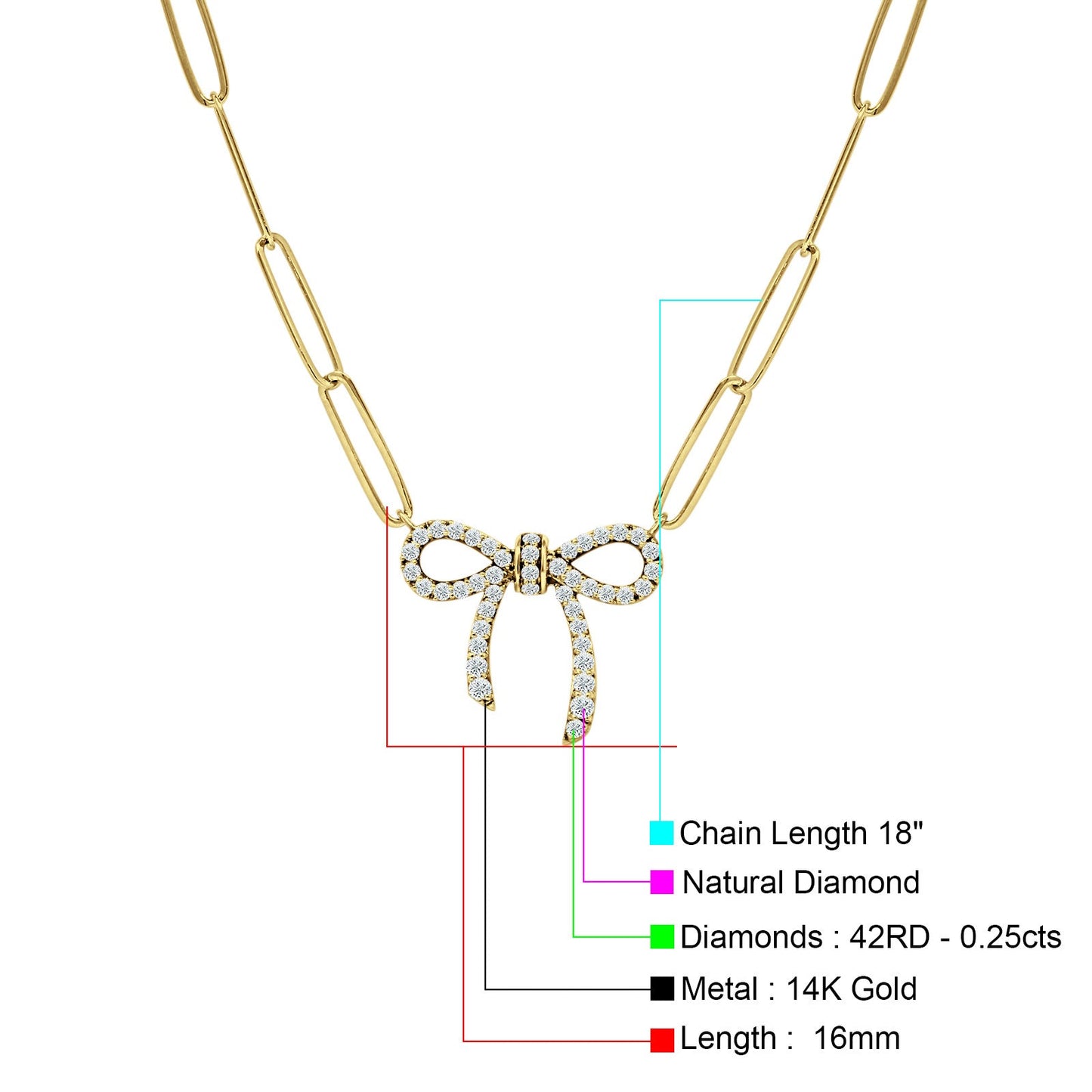 14K Yellow Gold 0.25ct Ribbon Bow Natural Diamond Paperclip Chain Necklace 18 Inch Long