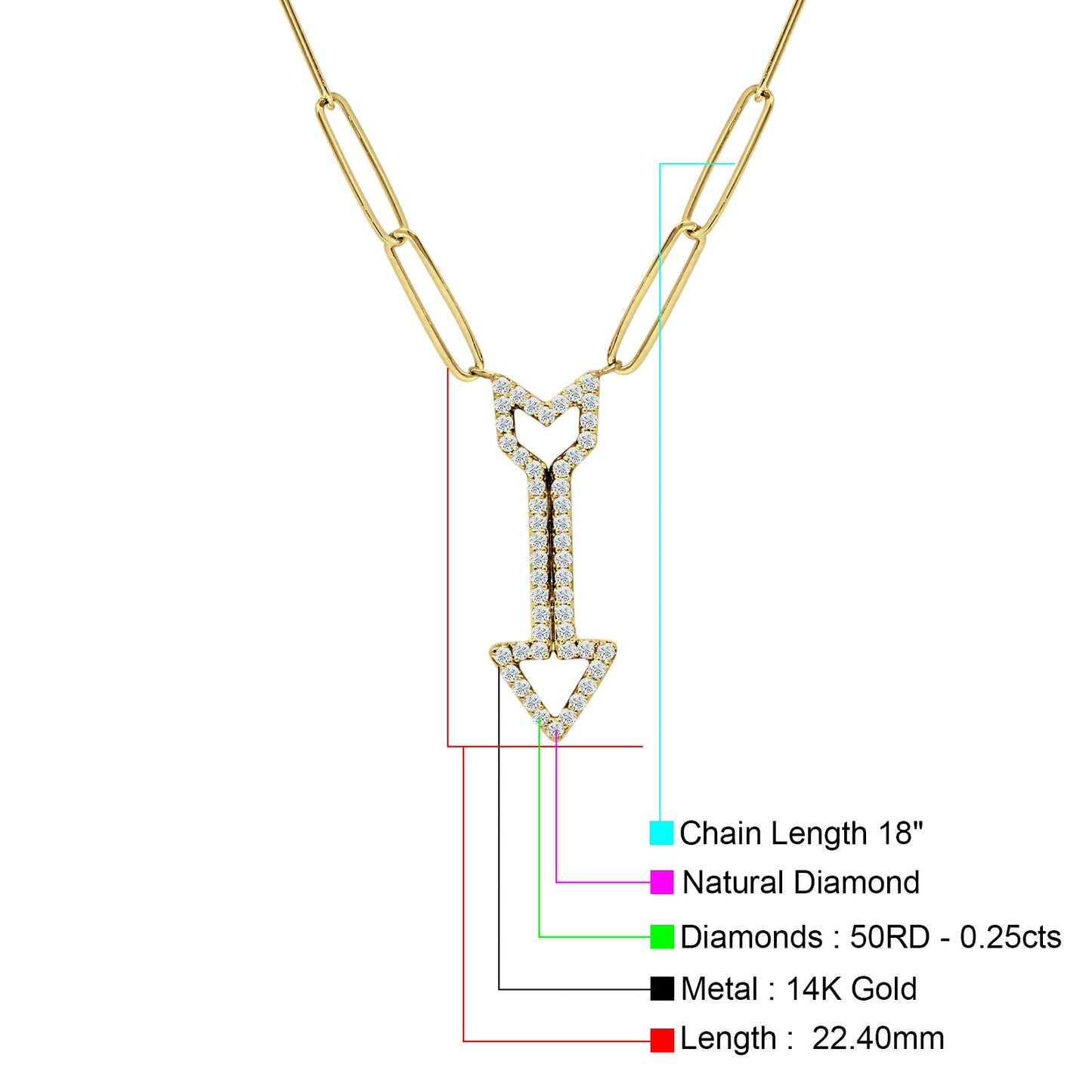 14K Yellow Gold 0.25ct Arrow Style Natural Diamond Pendant Paperclip Chain Necklace 18 In Long