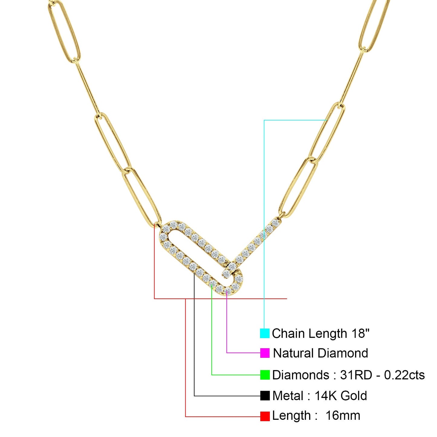 14K Yellow Gold 0.22ct  Interlocking Paperclip Chain Pendant Natural Diamond Necklace 18" Long