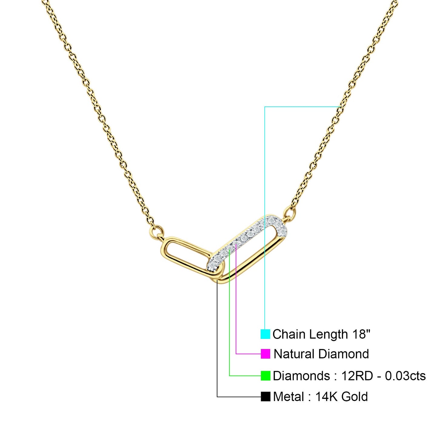 14K Yellow Gold 0.03ct Interlocking Oval Paperclip Charm Necklace Natural Diamond Pendant 18" Long