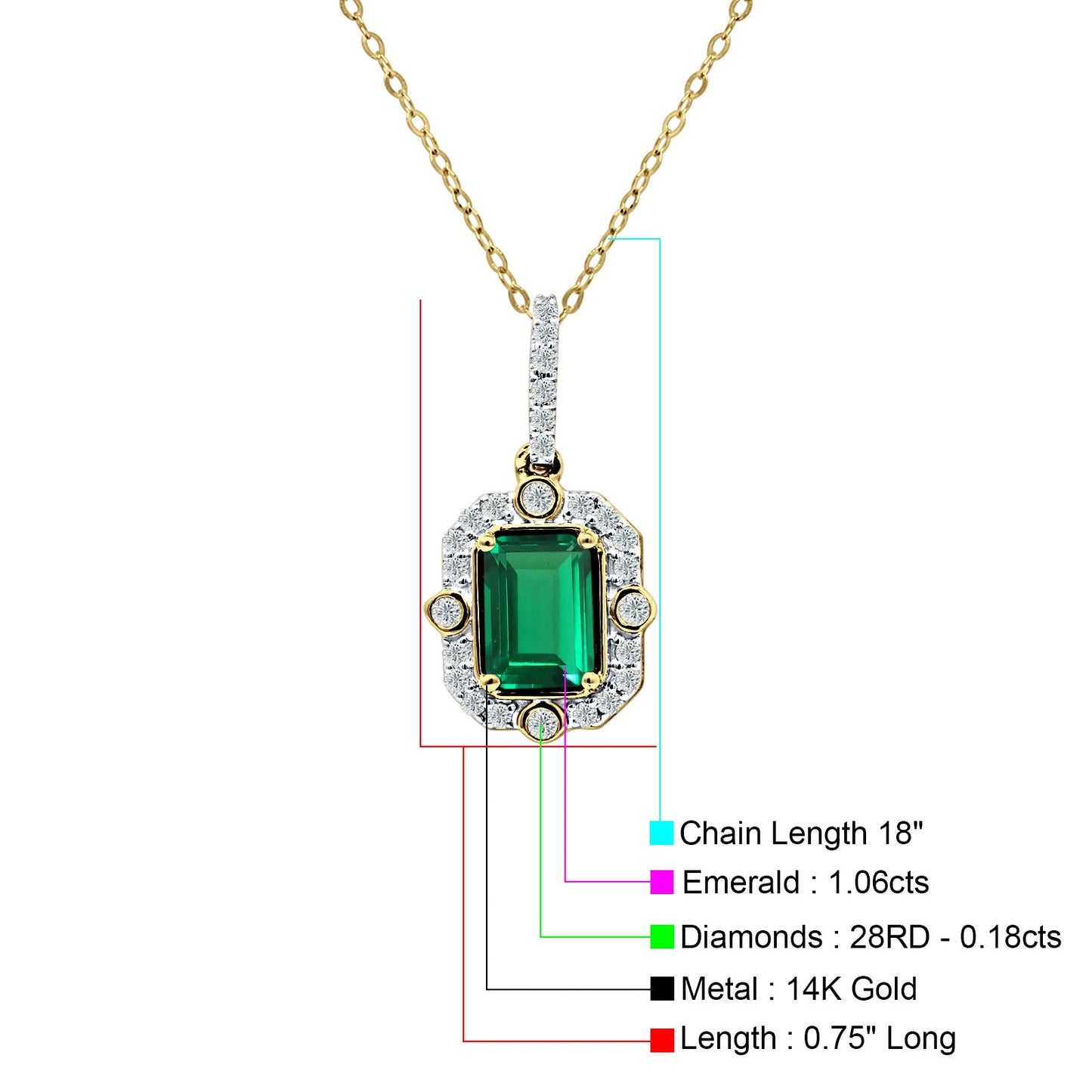 14K Yellow Gold 0.18ct Natural Emerald & Diamond Halo Solitaire Pendant Necklace 18" Long