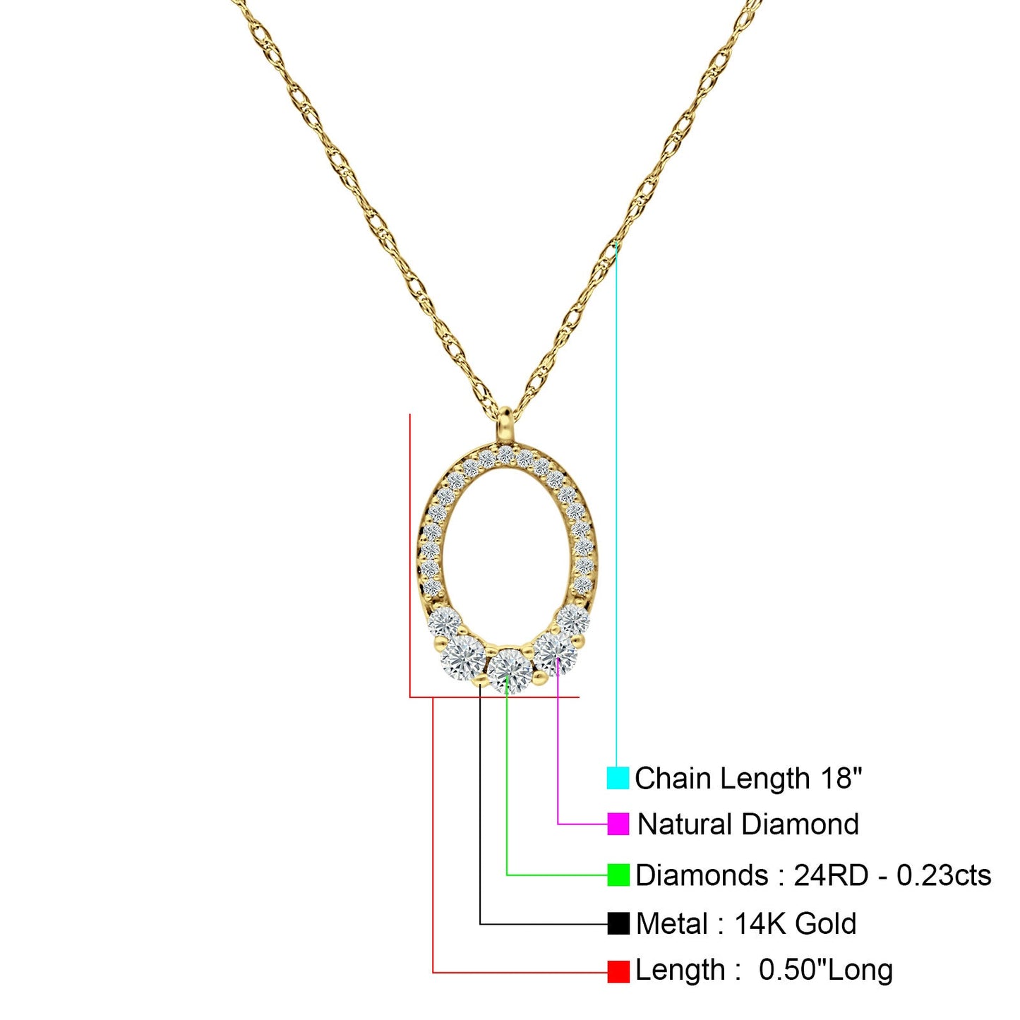 14K Yellow Gold 0.23ct Natural Diamond Open Oval Pendant Necklace 18" Long  Wholesale