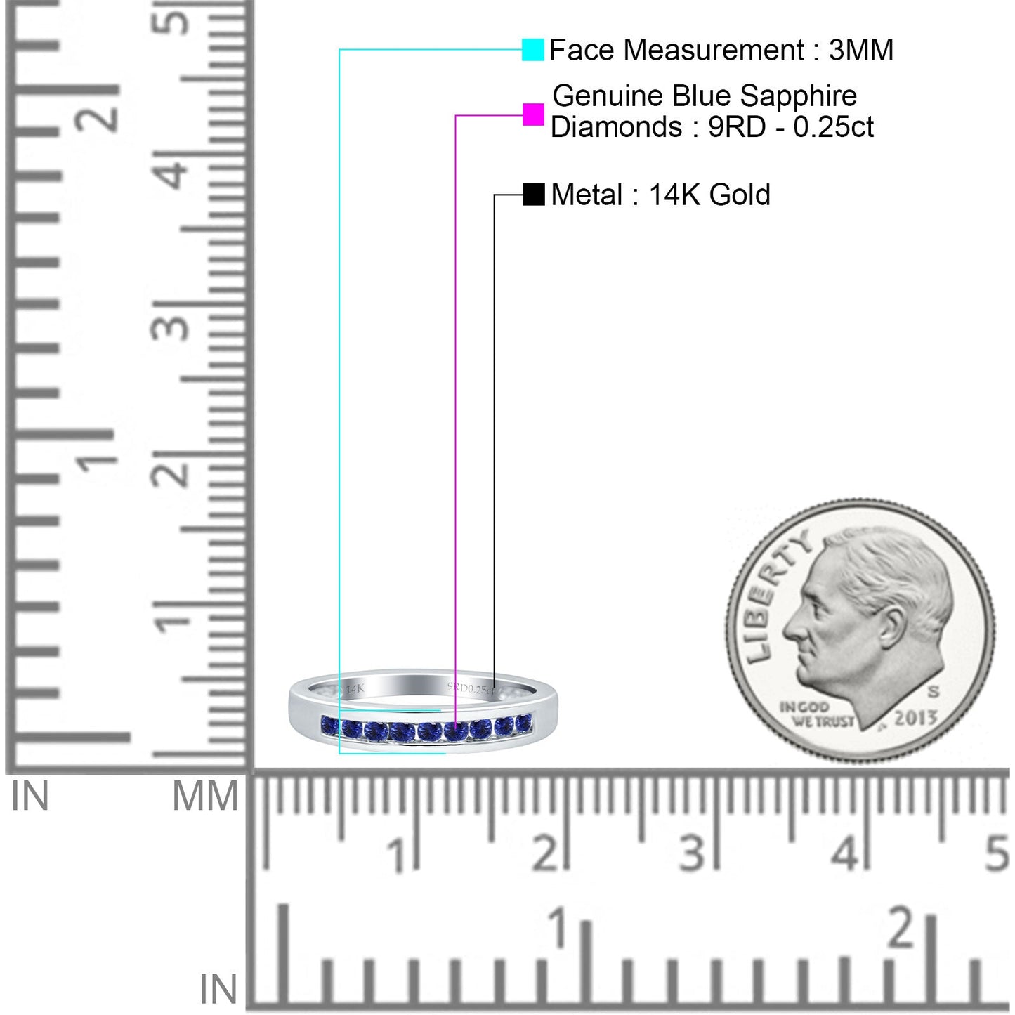 14K White Gold 0.25ct Round 3mm Art Deco G SI Half Eternity Blue Sapphire Band Diamond Engagement Wedding Ring Size 6.5