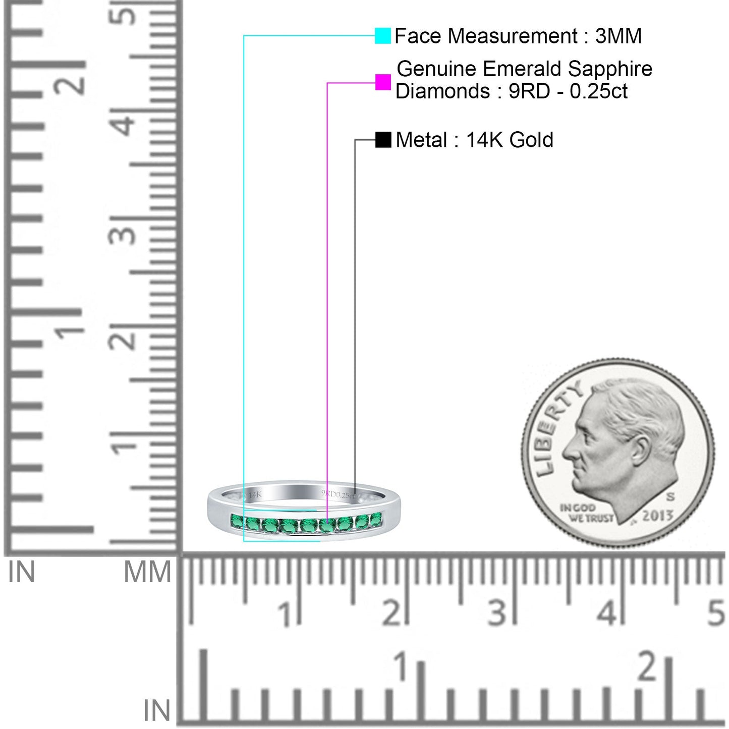 14K White Gold 0.25ct Round 3mm Art Deco G SI Half Eternity Green Emerald Band Diamond Engagement Wedding Ring Size 6.5