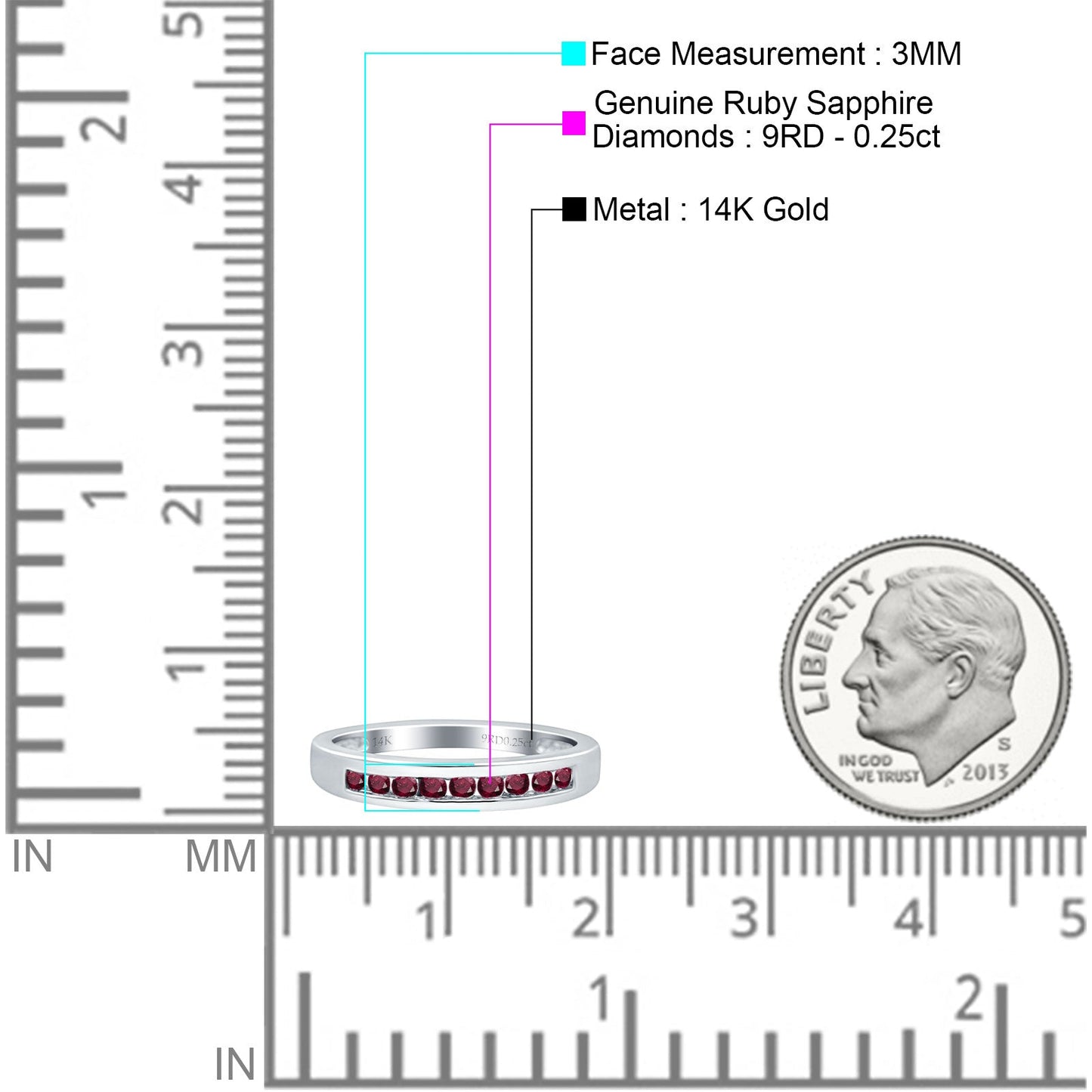 14K White Gold 0.25ct Round 3mm Art Deco G SI Half Eternity Ruby Band Diamond Engagement Wedding Ring Size 6.5