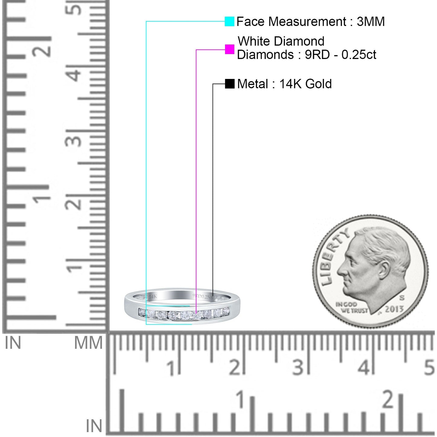 14K White Gold 0.25ct Round 3mm Art Deco G SI Half Eternity Band Diamond Engagement Wedding Ring Size 6.5