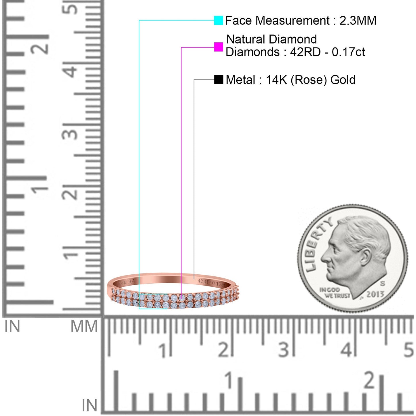 14K Rose Gold 0.17ct Round 2.3mm Double Row Pave Art Deco G SI Half Eternity Band Diamond Engagement Wedding Ring Size 6.5