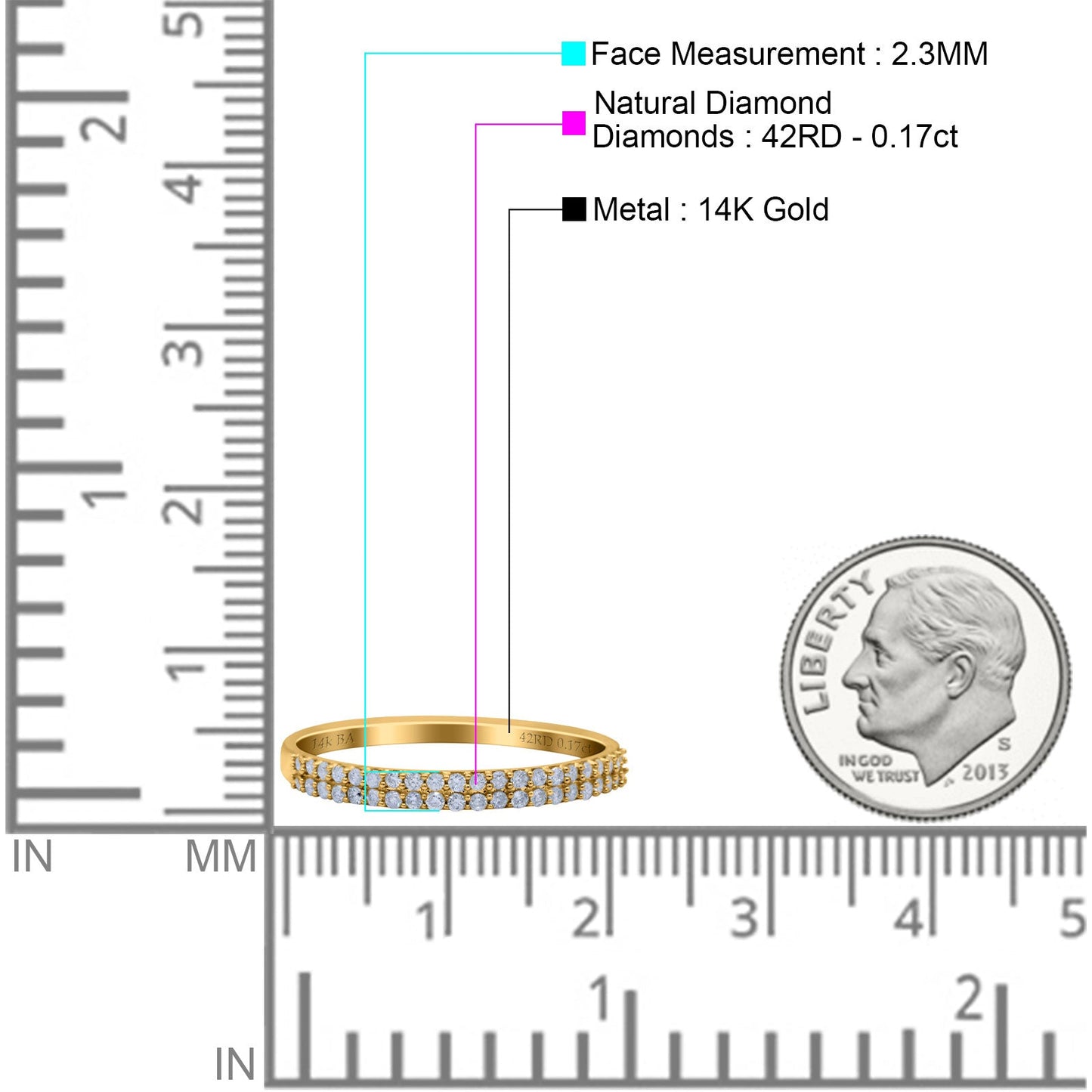 14K Yellow Gold 0.17ct Round 2.3mm Double Row Pave Art Deco G SI Half Eternity Band Diamond Engagement Wedding Ring Size 6.5