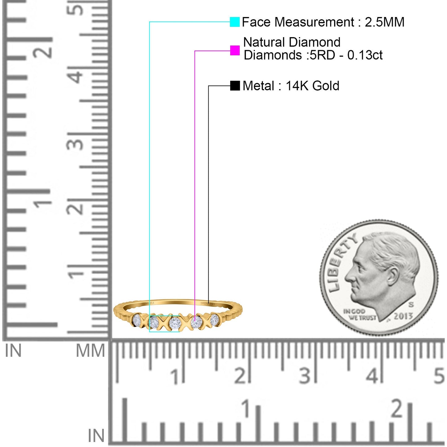 14K Yellow Gold 0.13ct Round 2.5mm Stackable Band G SI Half Eternity Diamond Engagement Wedding Ring Size 6.5