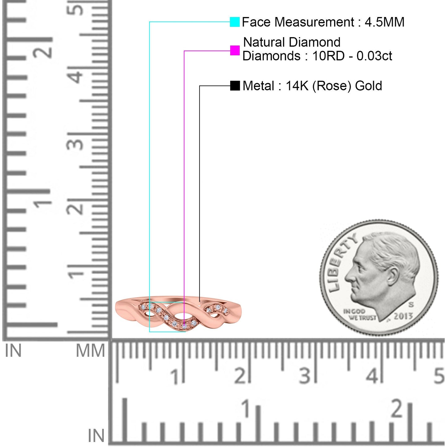 14K Rose Gold 0.03ct Round 4.5mm Infinity Band G SI Half Eternity Diamond Engagement Wedding Ring Size 6.5