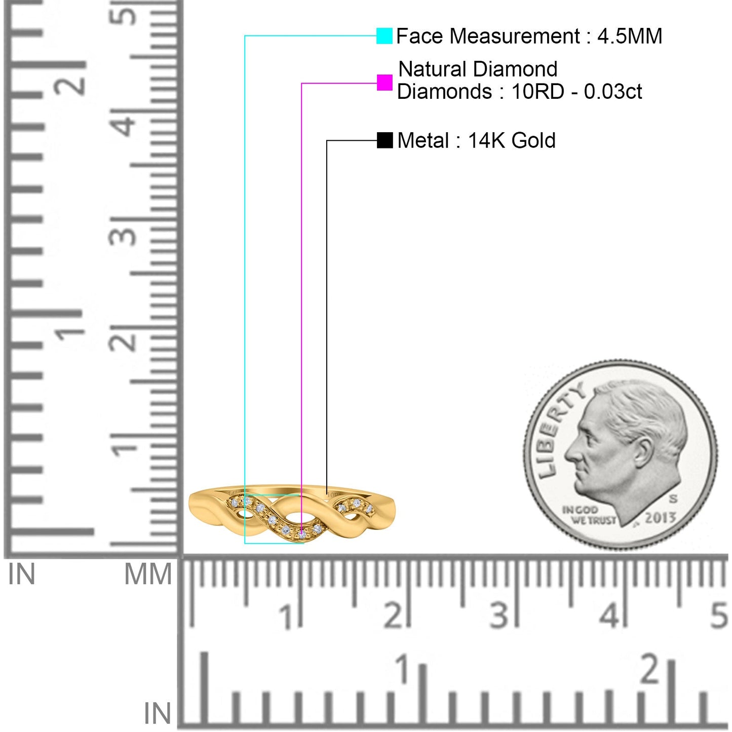 14K Yellow Gold 0.03ct Round 4.5mm Infinity Band G SI Half Eternity Diamond Engagement Wedding Ring Size 6.5