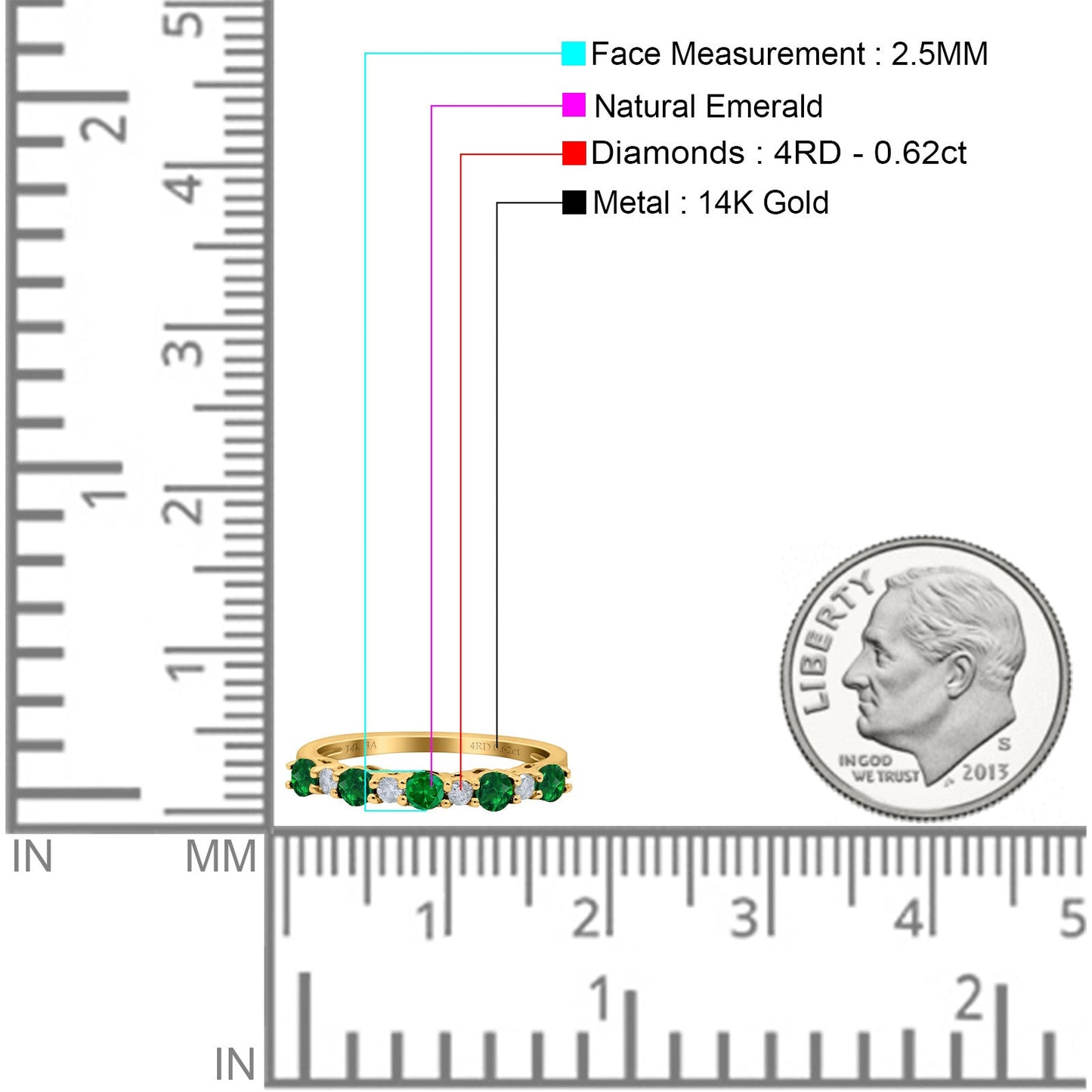 14K Yellow Gold 0.62ct Round 2.5mm Band G SI Half Eternity Emerald & Diamond Engagement Wedding Ring Size 6.5