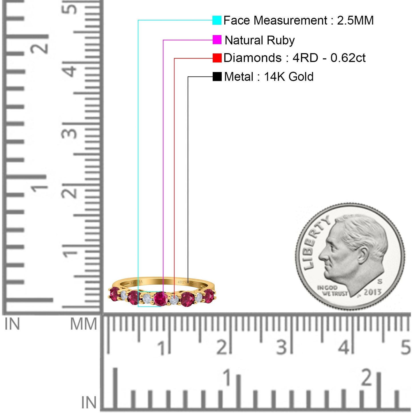 14K Yellow Gold 0.62ct Round 2.5mm Band G SI Half Eternity Ruby & Diamond Engagement Wedding Ring Size 6.5