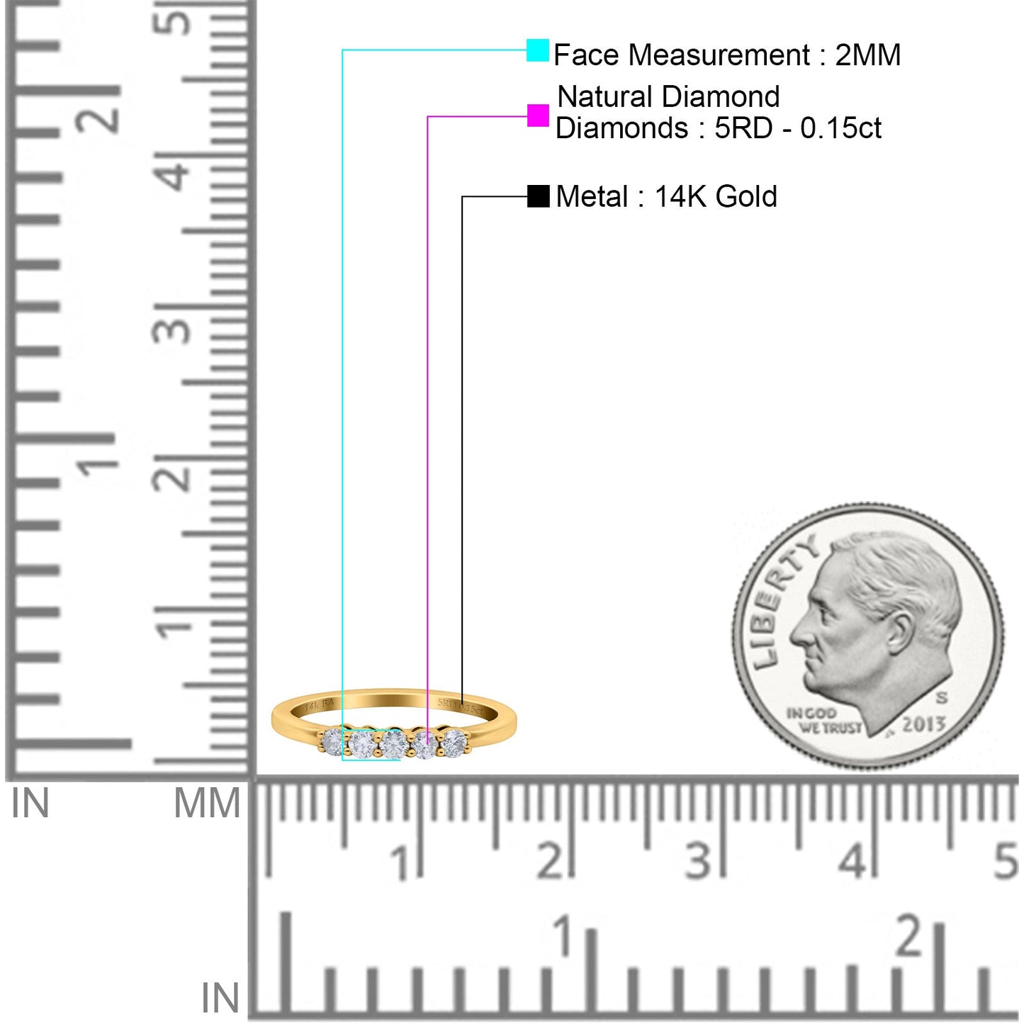 14K Yellow Gold 0.15ct Round 2mm Art Deco Band G SI Half Eternity Diamond Engagement Wedding Ring Size 6.5