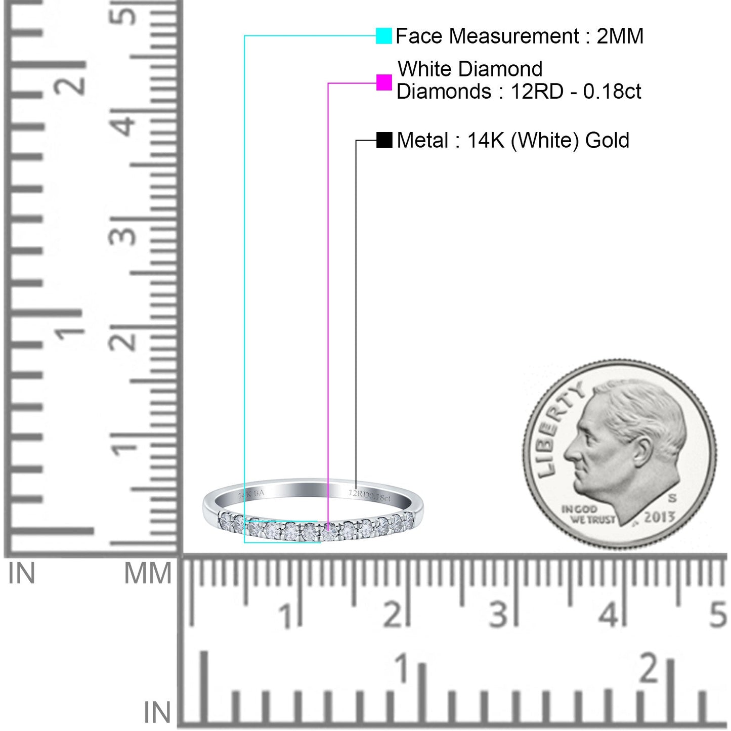 14K White Gold 0.18ct Round 2mm G SI Stackable Eternity Diamond Engagement Wedding Band Ring Size 6.5