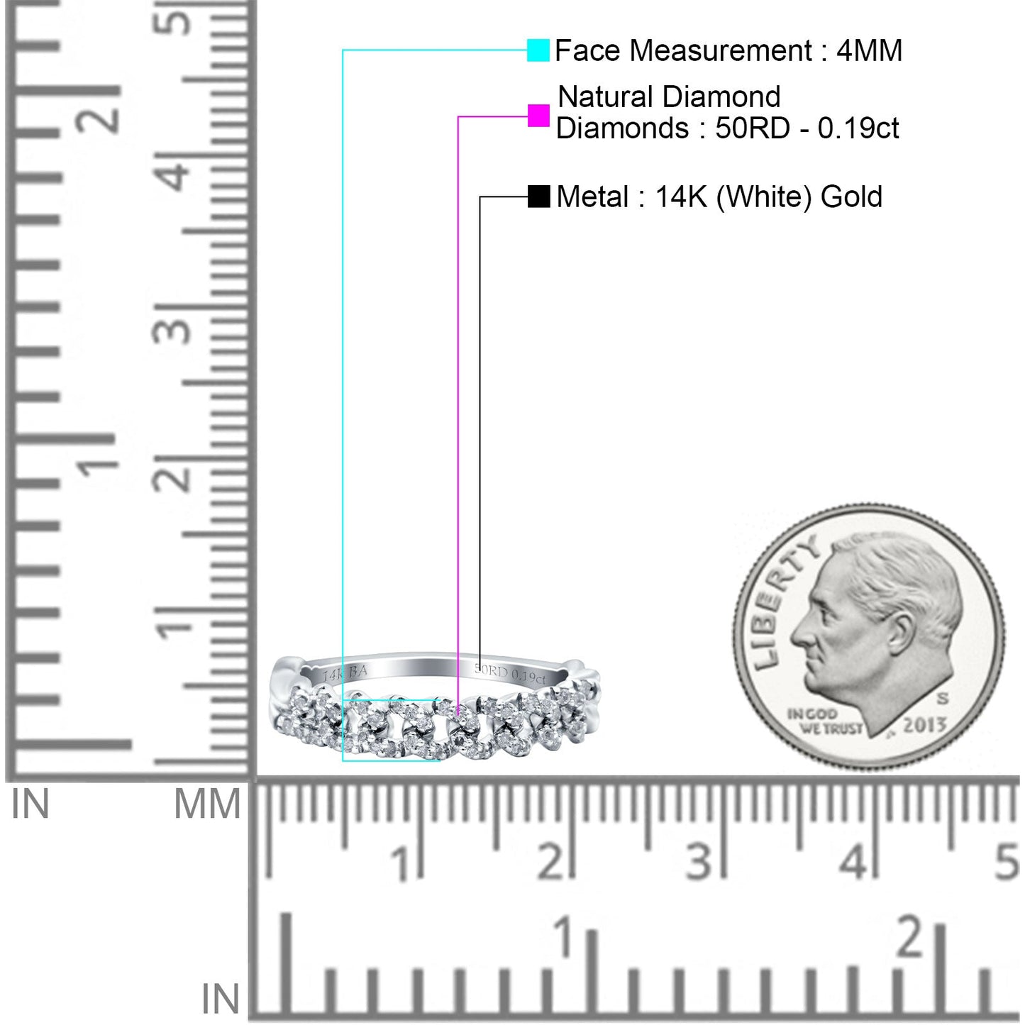 14K White Gold 0.19ct Round 4mm G SI Ladies Curve Eternity Diamond Engagement Wedding Band Ring Size 6.5