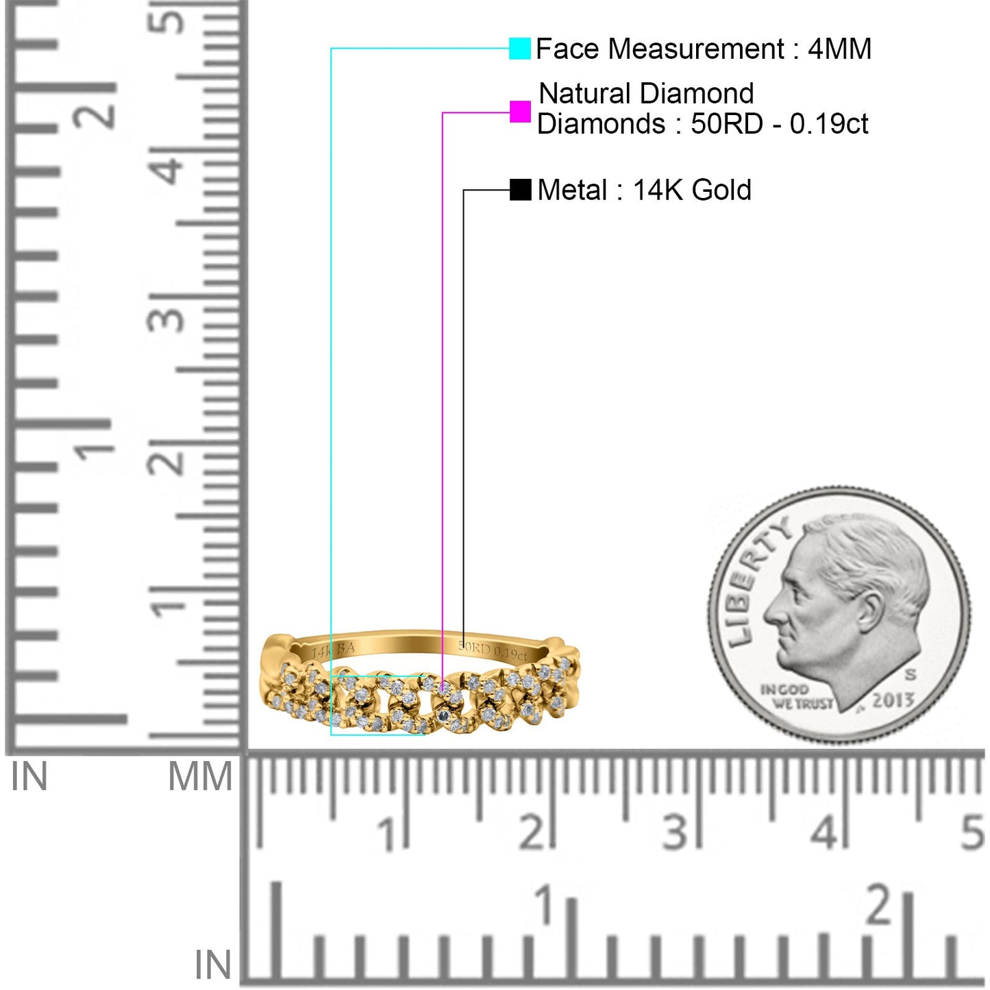 14K Yellow Gold 0.19ct Round 4mm G SI Ladies Curve Eternity Diamond Engagement Wedding Band Ring Size 6.5