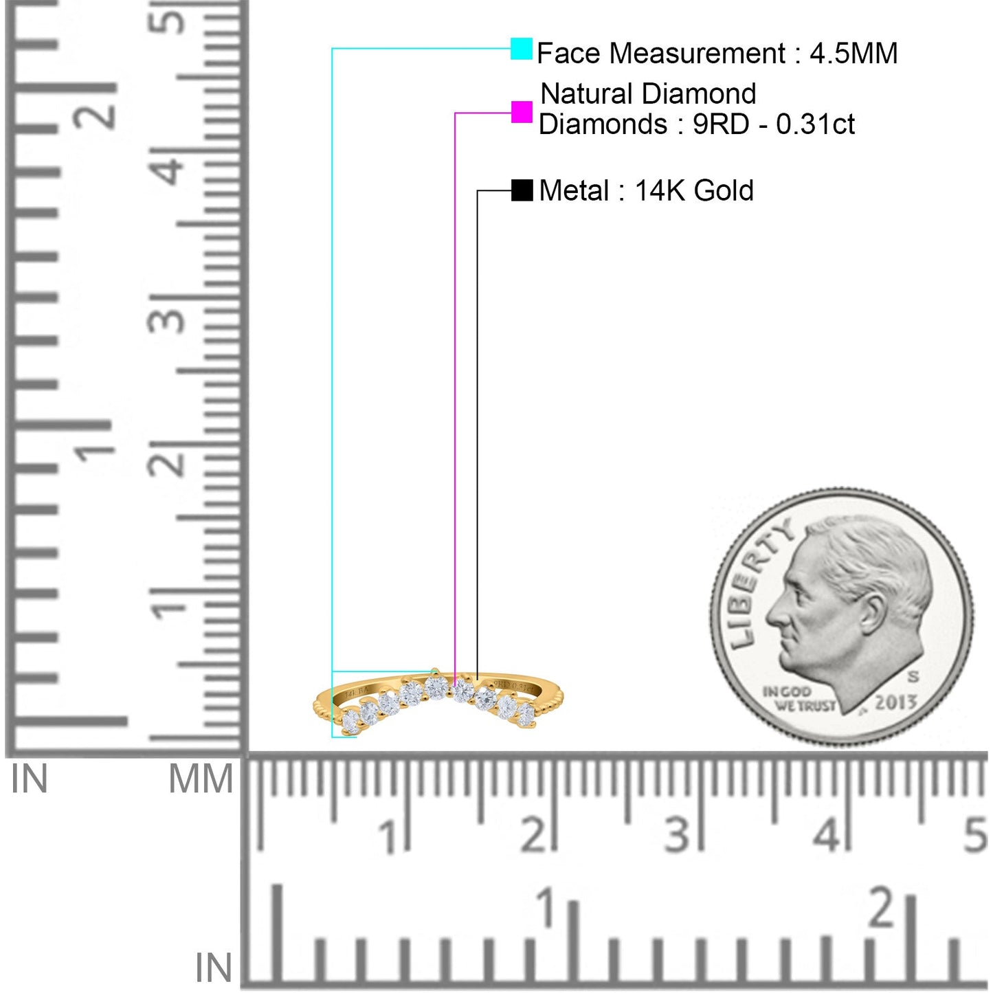 14K Yellow Gold 0.31ct Round Midi Curved Art Deco 4.5mm G SI Half Eternity Diamond Band Engagement Wedding Ring Size 6.5