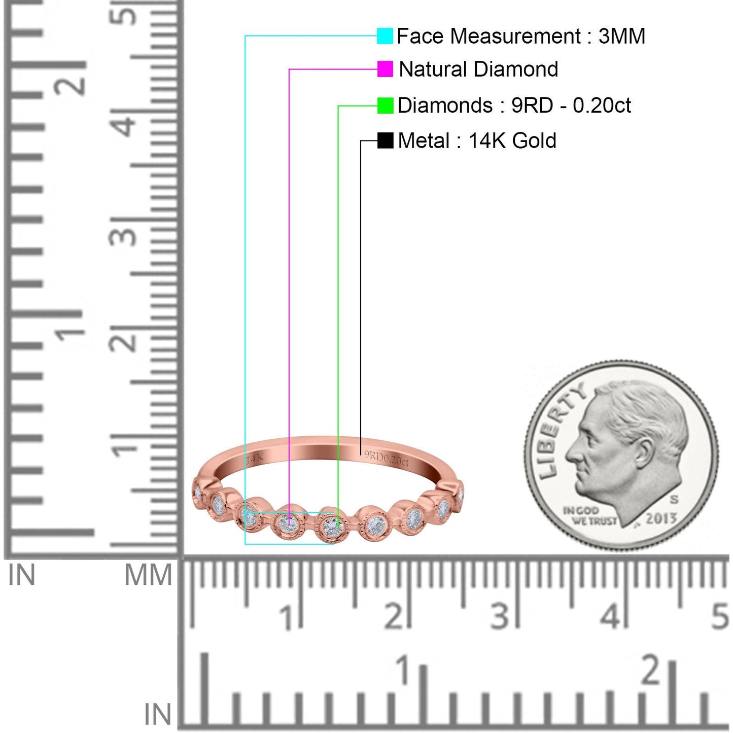 14K Rose Gold 0.20ct Round 3mm G SI Half Eternity Diamond Bands Engagement Wedding Ring Size 6.5