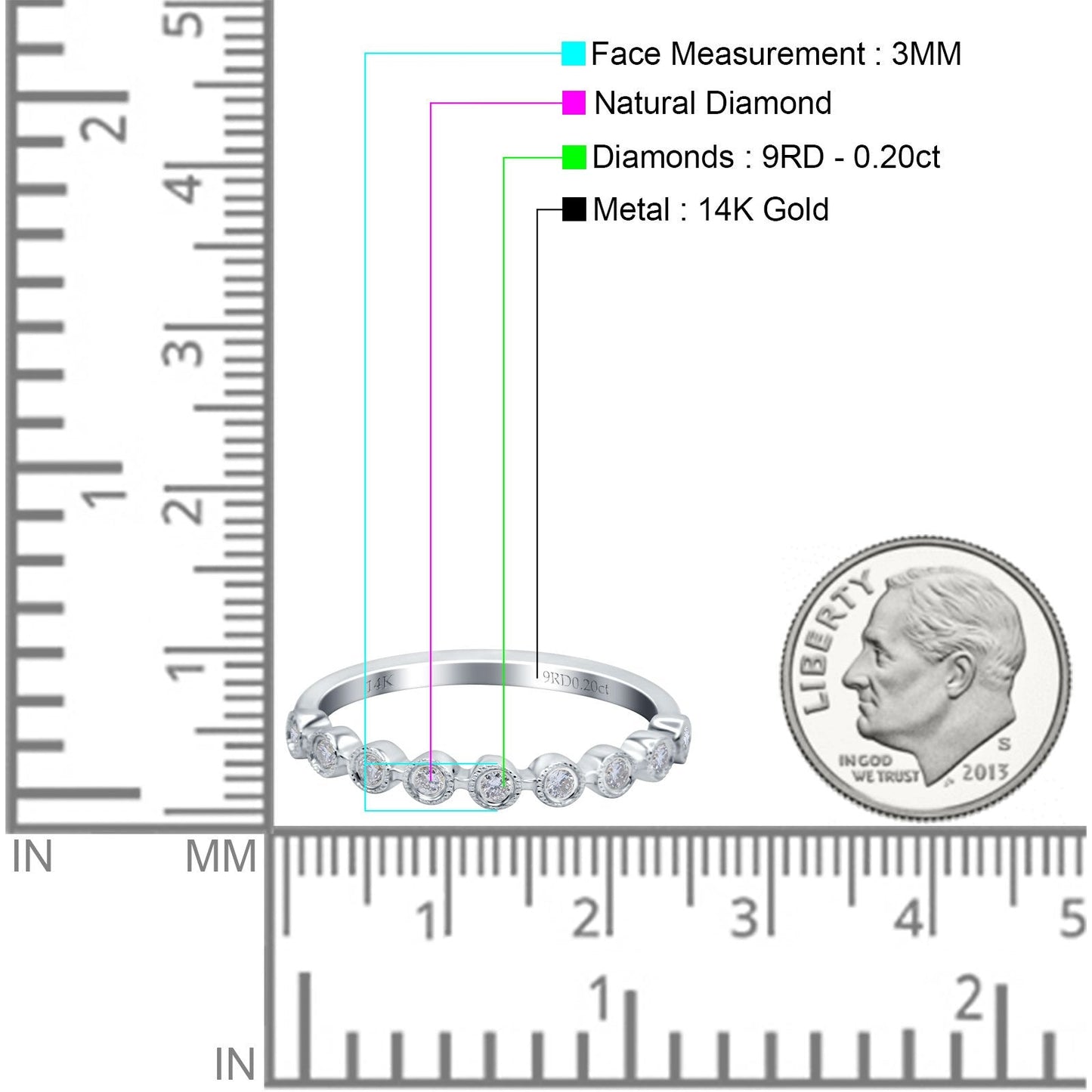 14K White Gold 0.20ct Round 3mm G SI Half Eternity Diamond Bands Engagement Wedding Ring Size 6.5