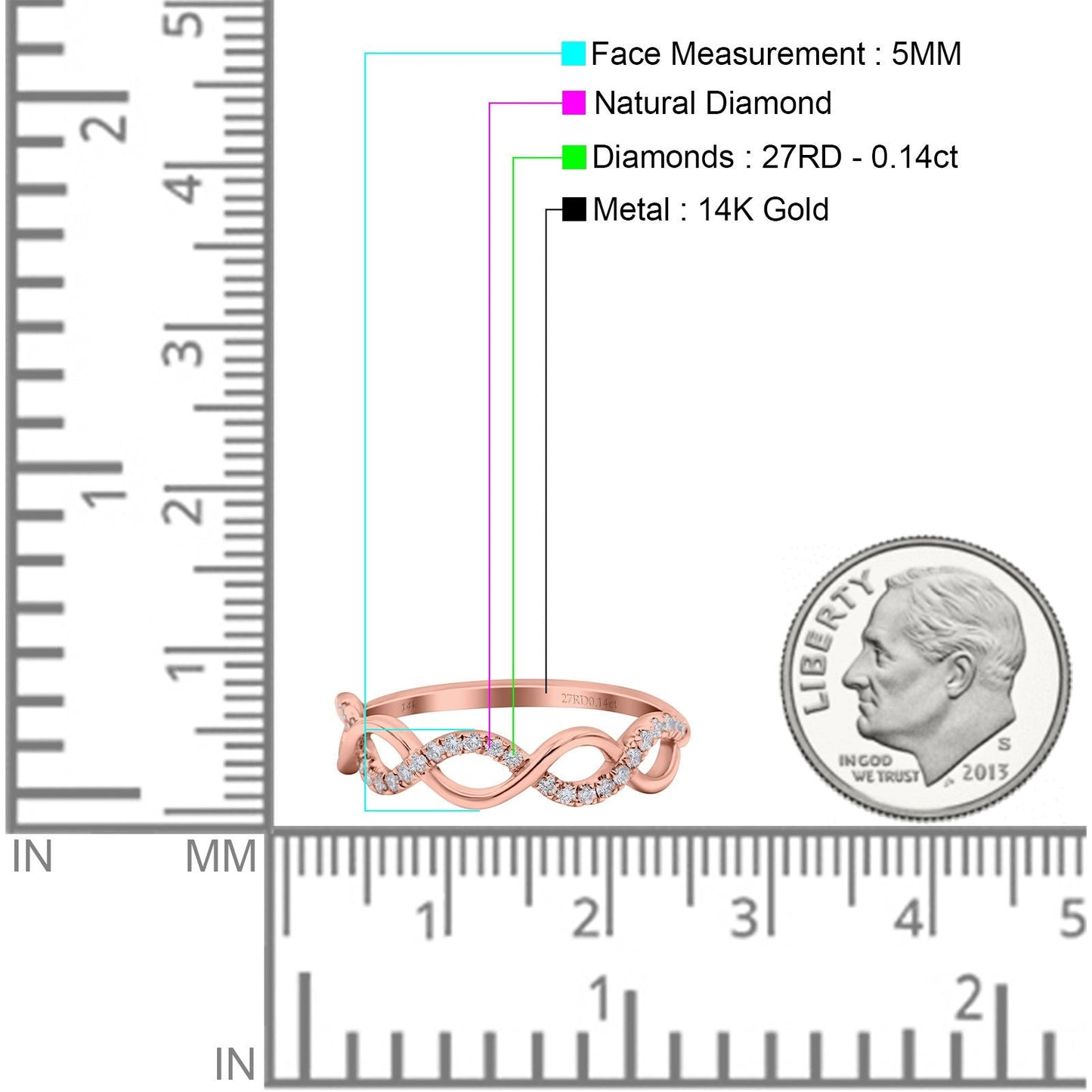 14K Rose Gold 0.14ct Round 5mm G SI Half Eternity Diamond Bands Engagement Wedding Ring Size 6.5