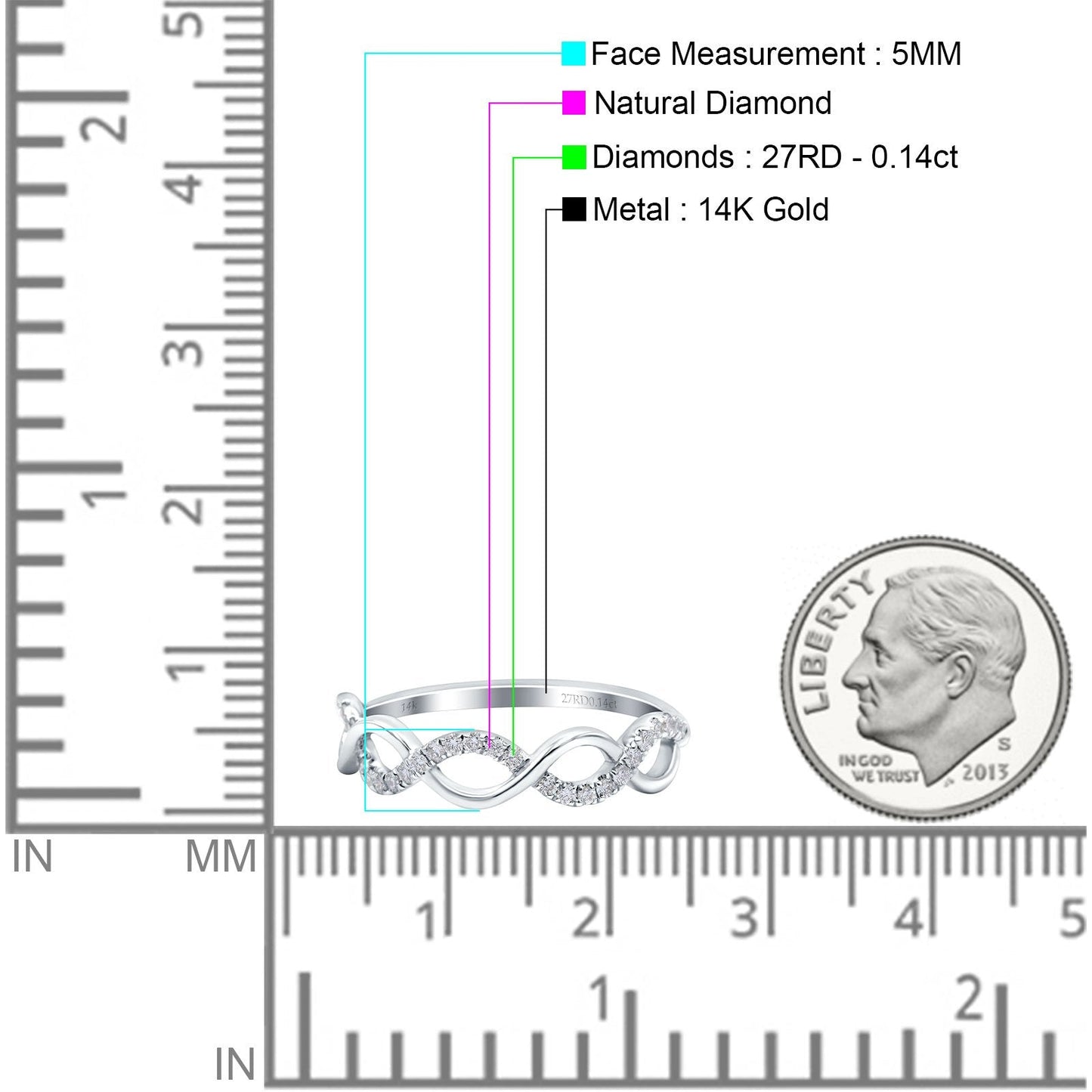 14K White Gold 0.14ct Round 5mm G SI Half Eternity Diamond Bands Engagement Wedding Ring Size 6.5