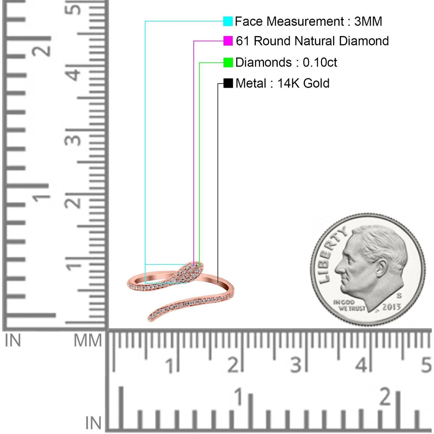 14K Rose Gold 0.10ct Round 3mm G SI Diamond Petite Dainty Snake Eternity Band Engagement Wedding Ring Size 6.5