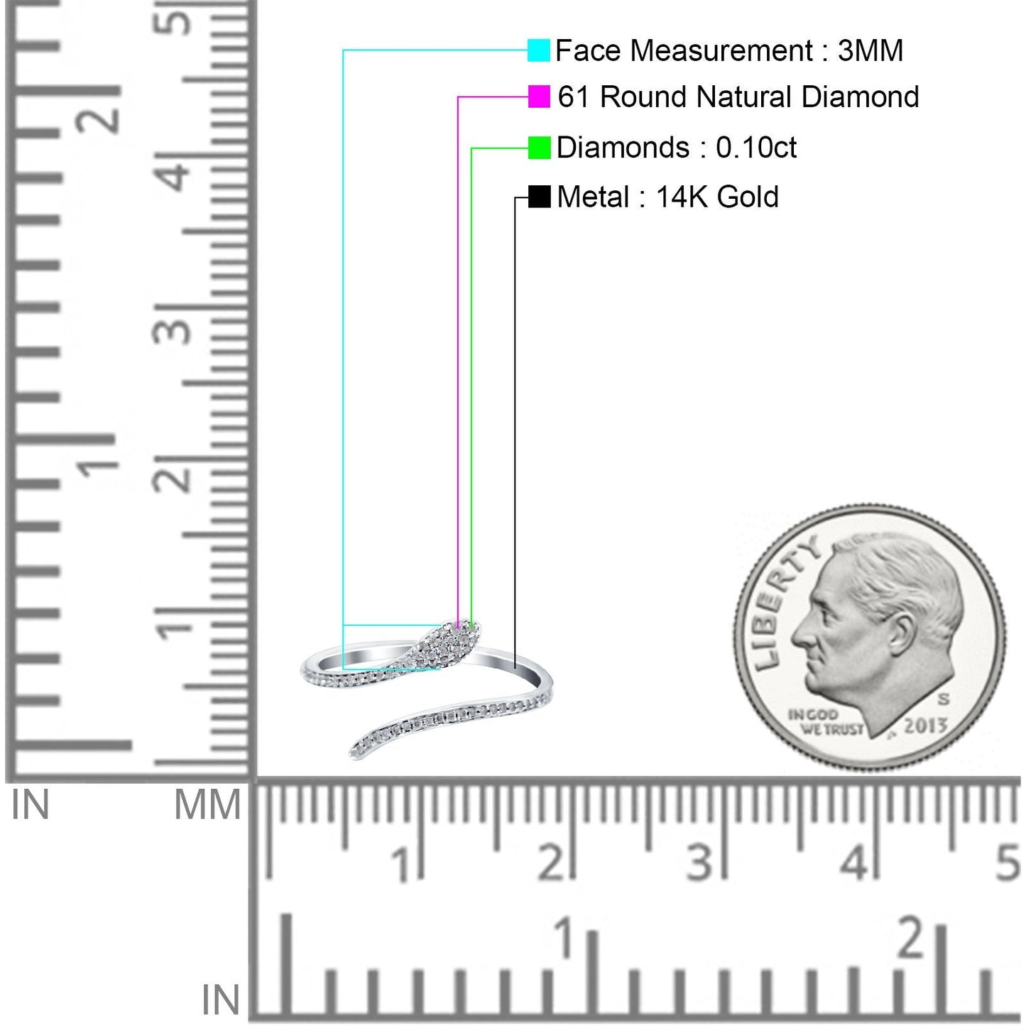 14K White Gold 0.10ct Round 3mm G SI Diamond Petite Dainty Snake Eternity Band Engagement Wedding Ring