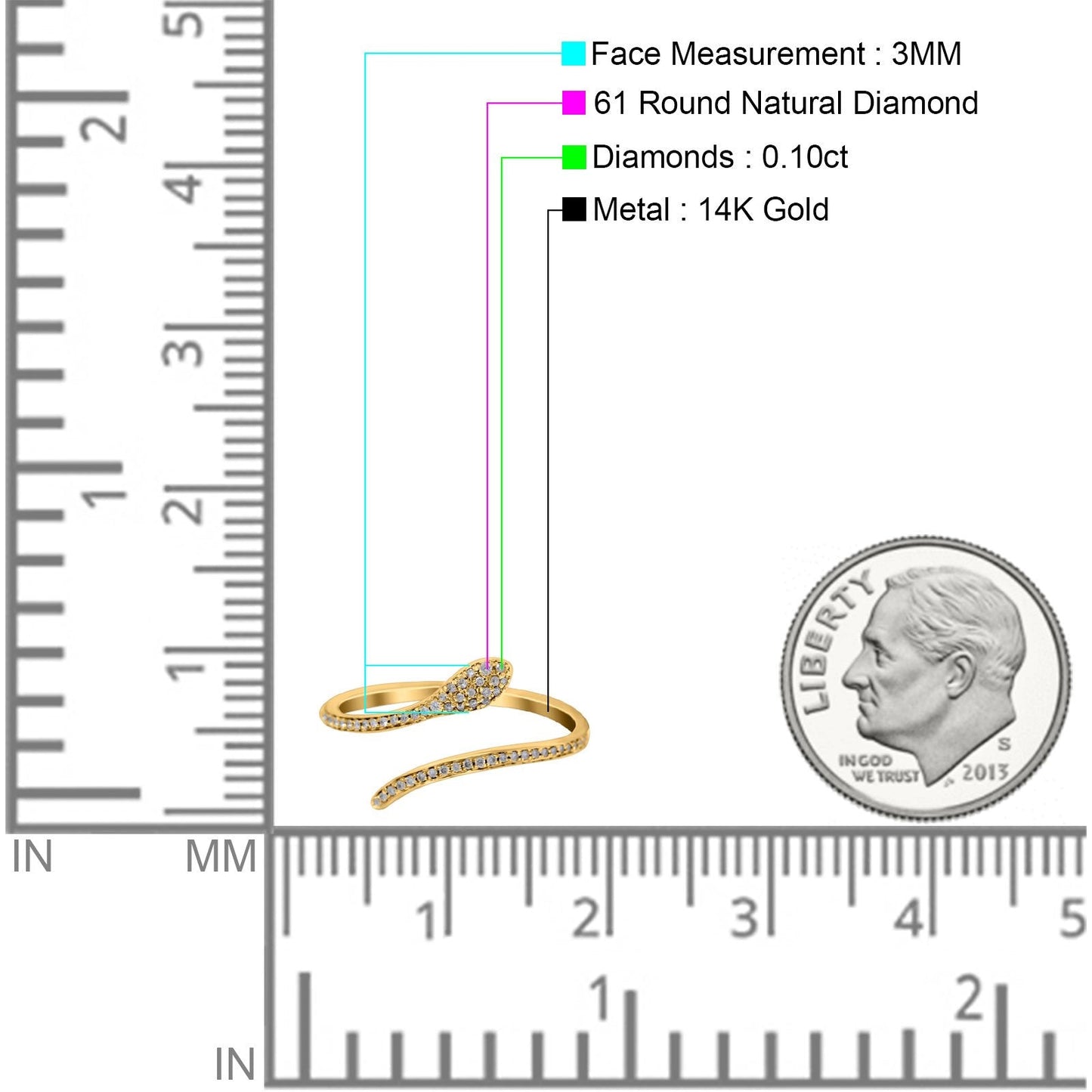 14K Yellow Gold 0.10ct Round 3mm G SI Diamond Petite Dainty Snake Eternity Band Engagement Wedding Ring