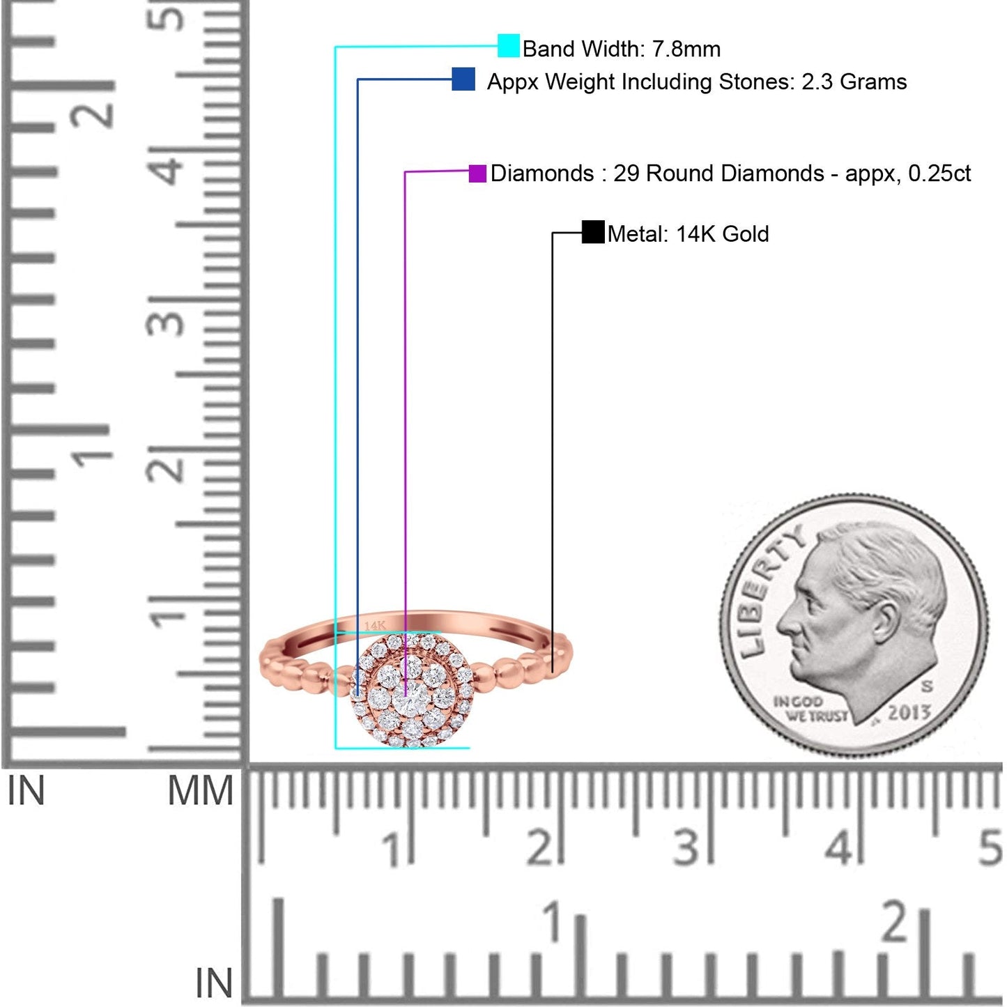 14K Rose Gold 0.25ct Round 7.8mm G SI Promise Diamond Engagement Wedding Ring Size 6.5