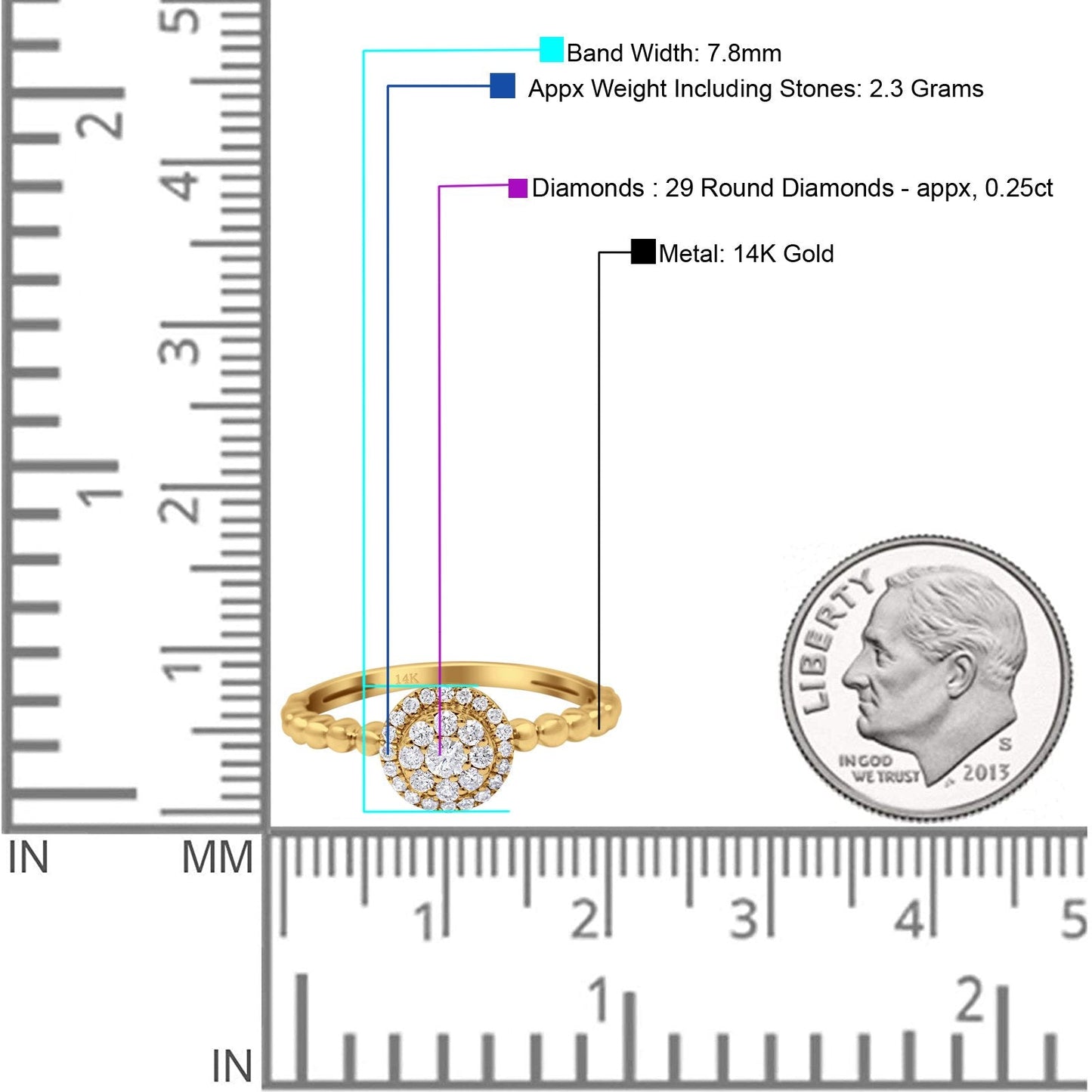 14K Yellow Gold 0.25ct Round 7.8mm G SI Promise Diamond Engagement Wedding Ring Size 6.5