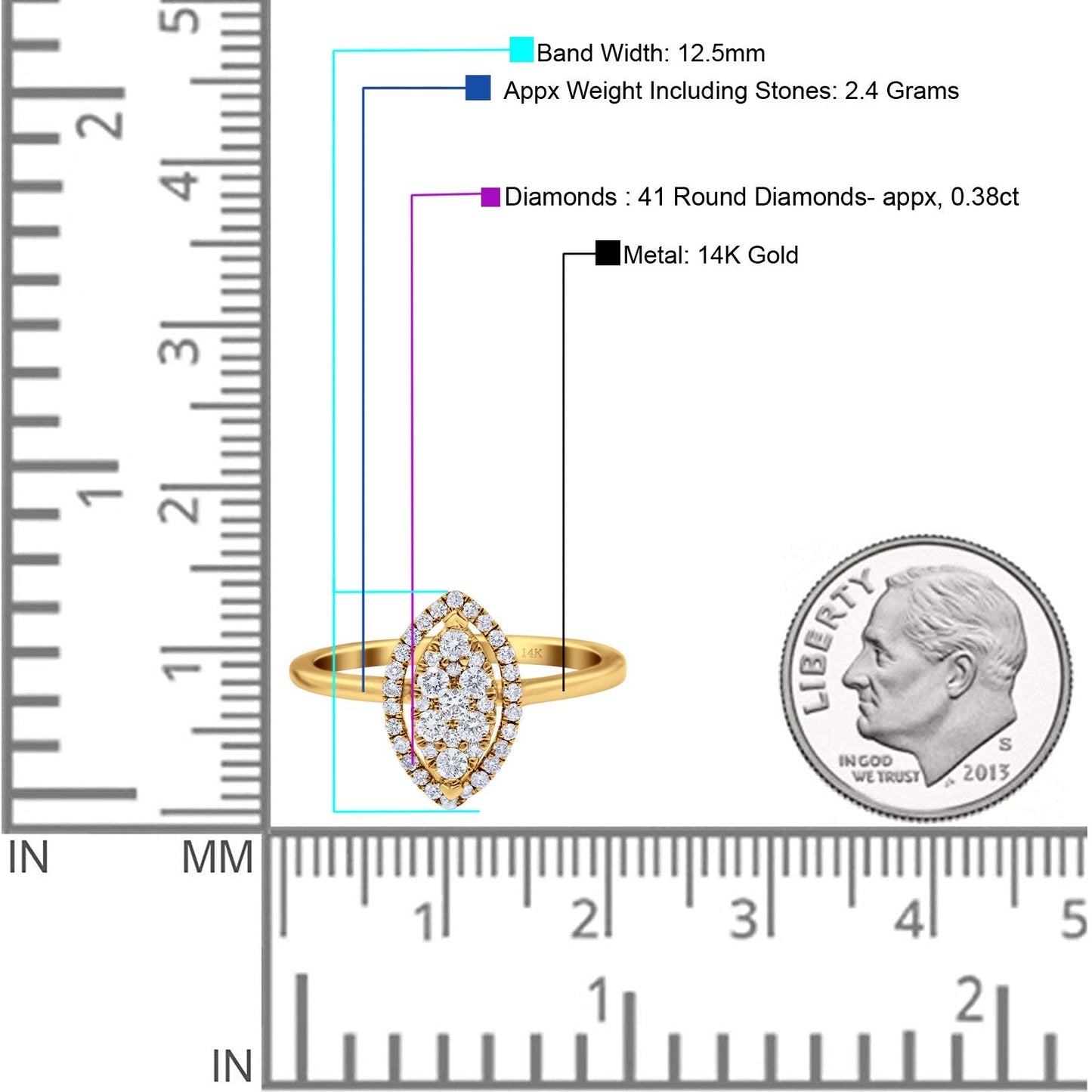 14K Yellow Gold 0.38ct Round 12.5mm G SI Promise Diamond Engagement Wedding Ring Size 6.5