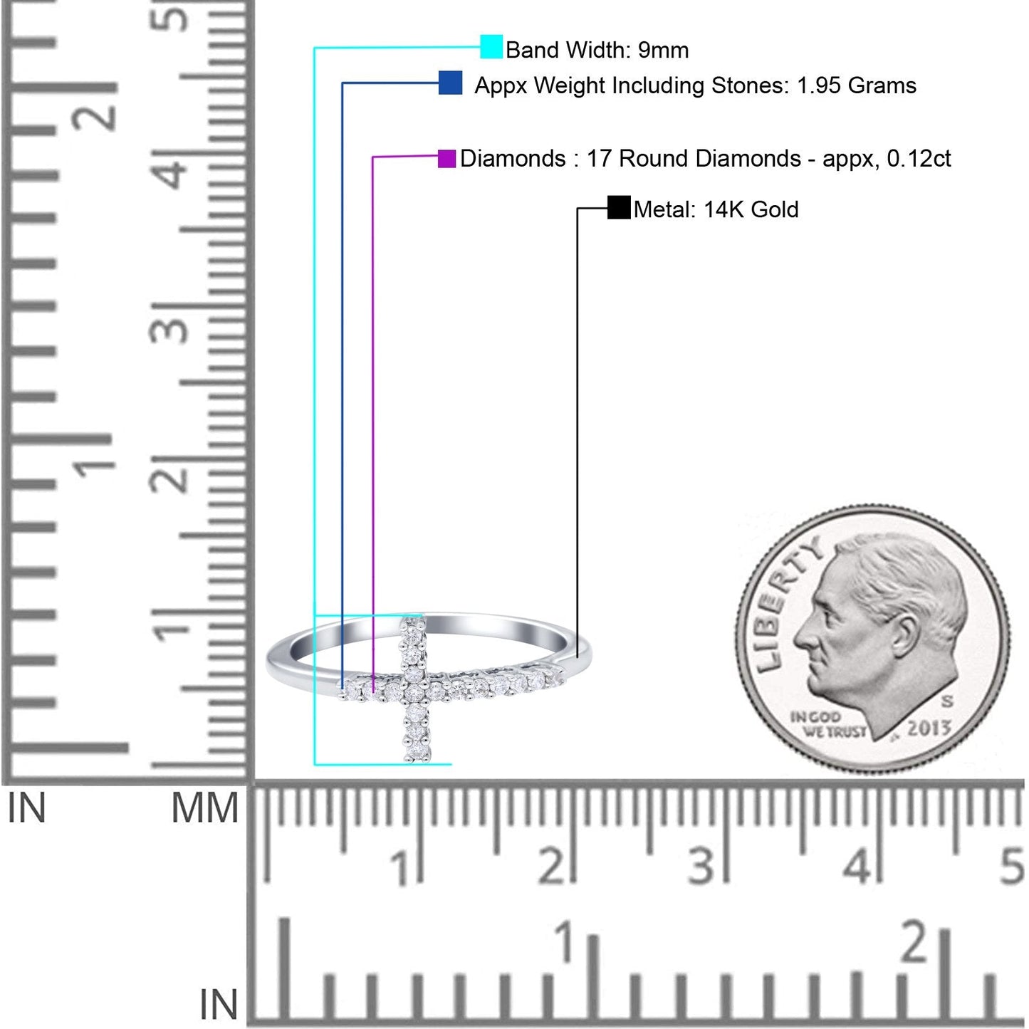 14K White Gold 0.12ct Round 9mm G SI Diamond Sideways Cross Eternity Band Engagement Wedding Ring Size 6.5