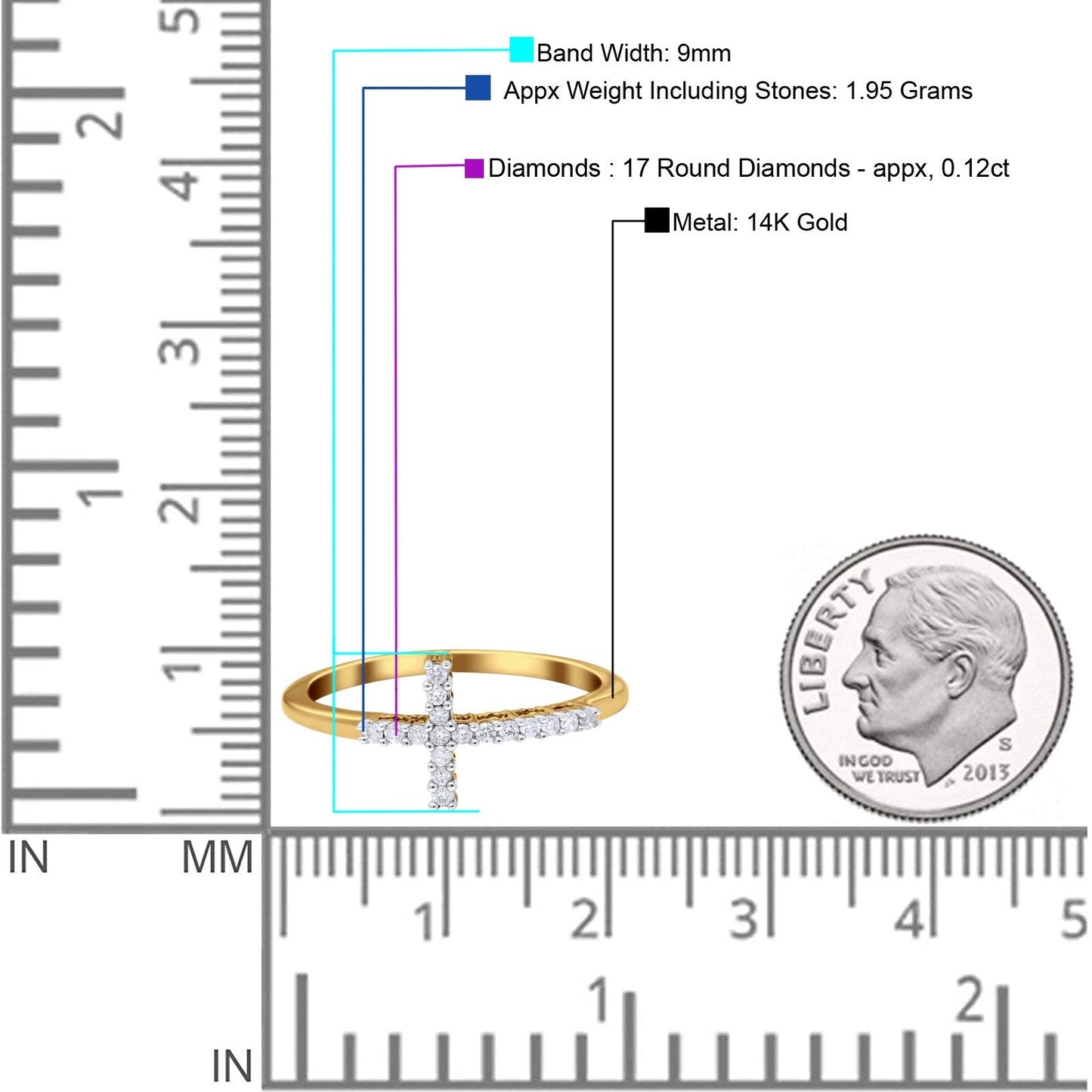 14K Yellow Gold 0.12ct Round 9mm G SI Diamond Sideways Cross Eternity Band Engagement Wedding Ring Size 6.5