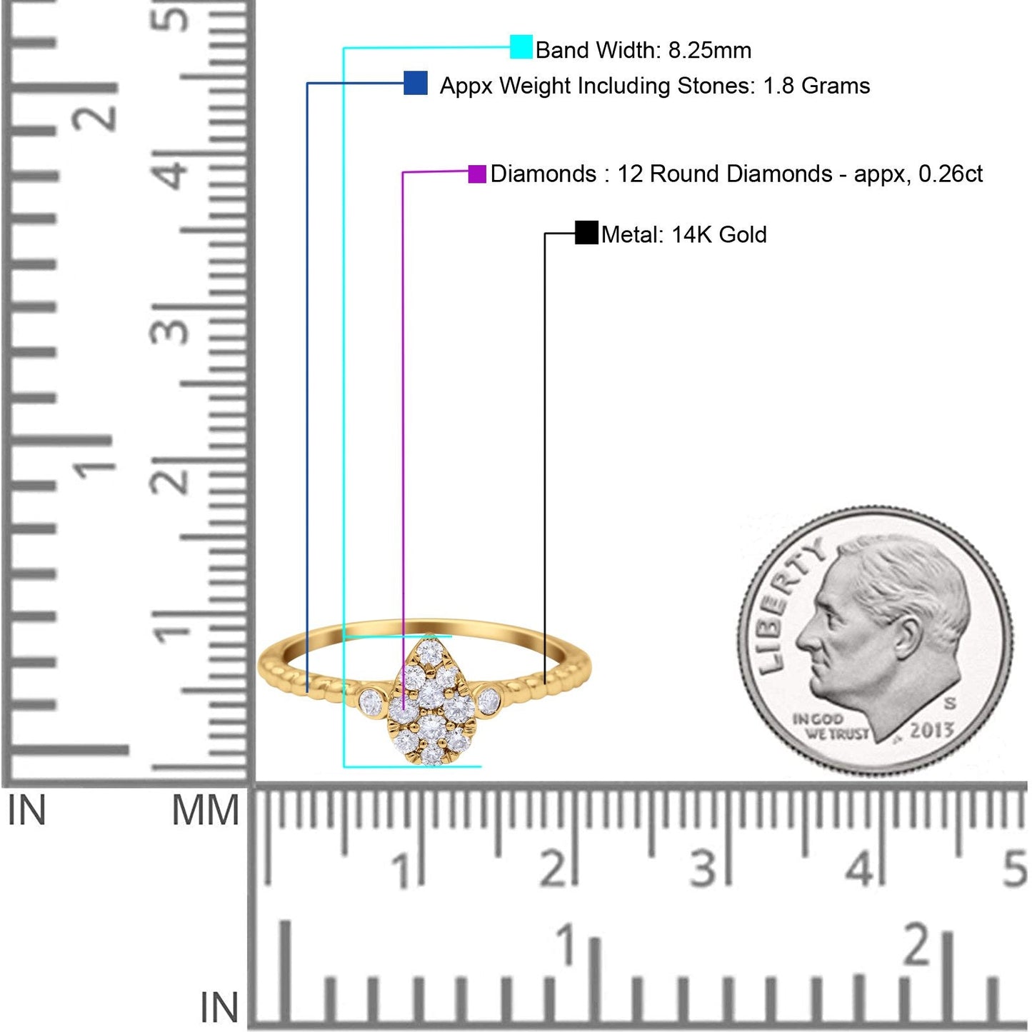 14K Yellow Gold 0.26ct Pear 8.2mm G SI Diamond Engagement Wedding Solitaire Promise Ring Size 6.5