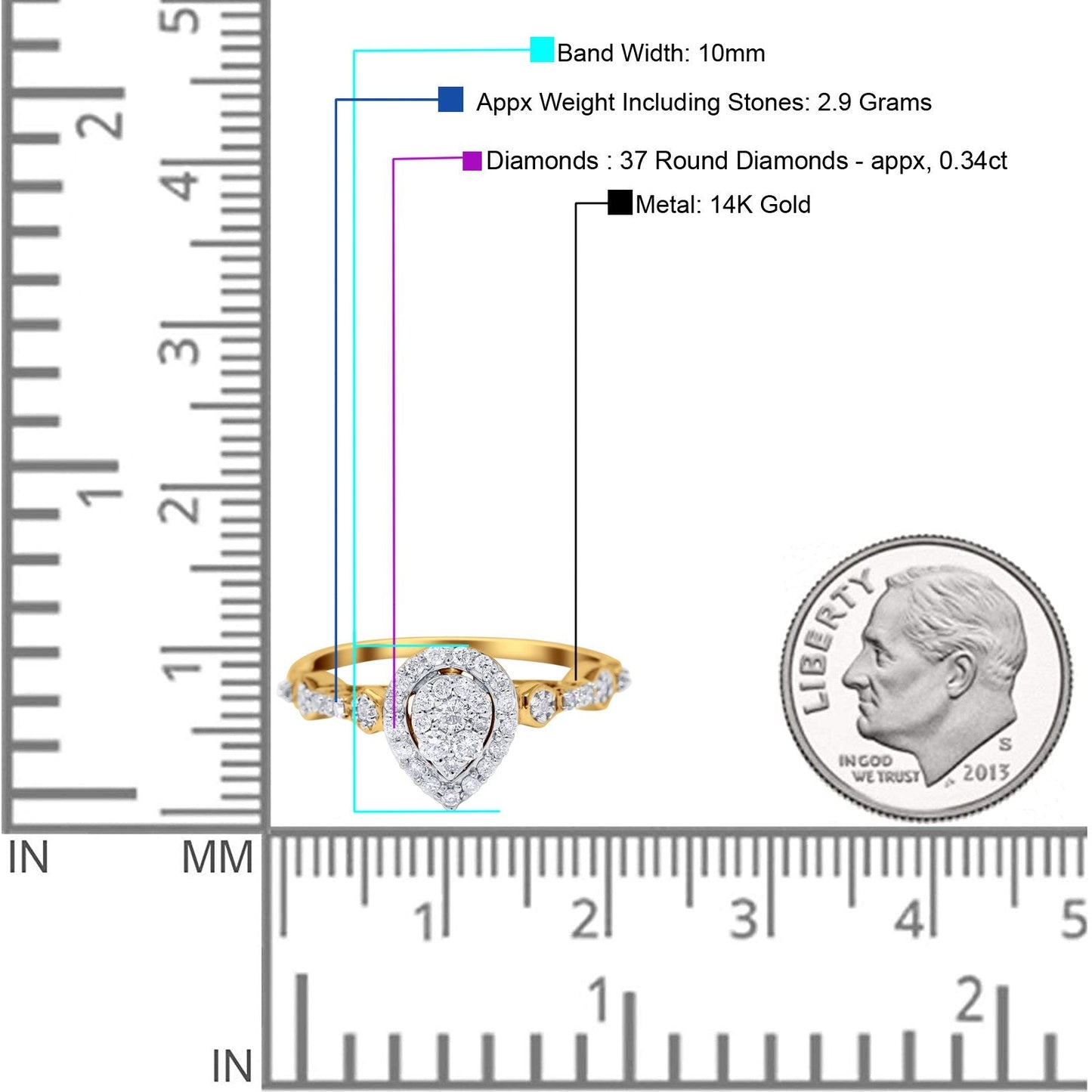 14K Yellow Gold 0.34ct Pear 10mm G SI Diamond Engagement Wedding Ring Size 6.5